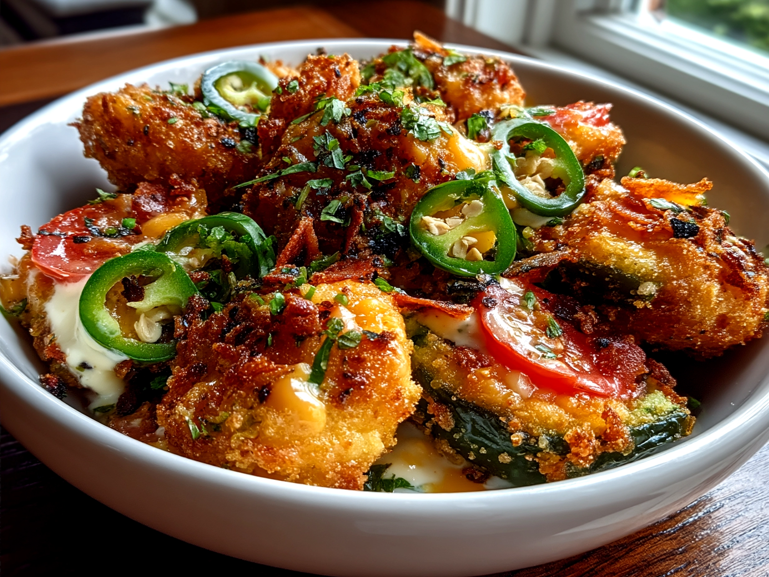 Served Jalapeno Poppers Nourish Bowl topped with fresh herbs and lime
