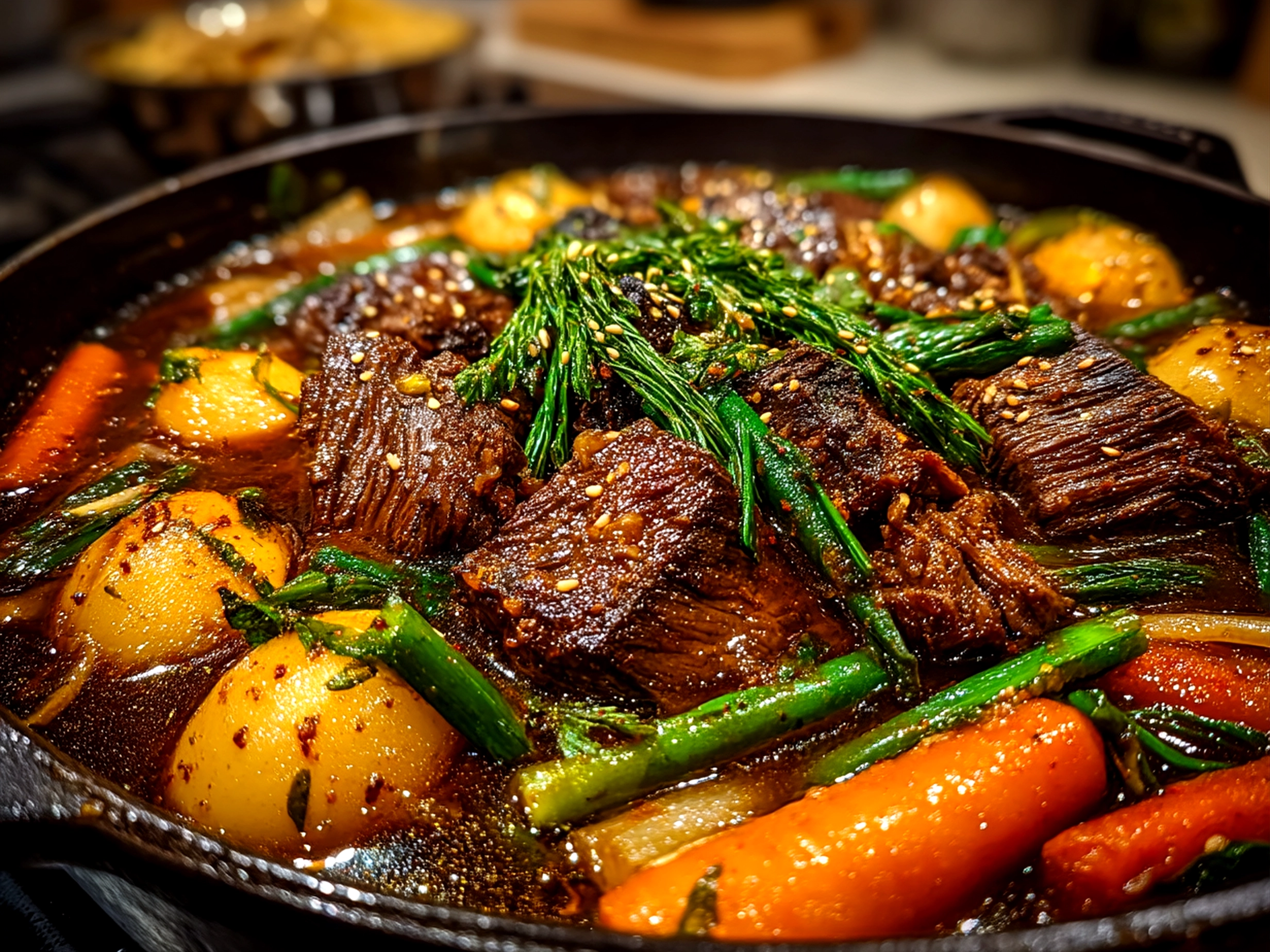 Finished Korean Pot Roast served with steamed rice and garnished with green onions and sesame seeds