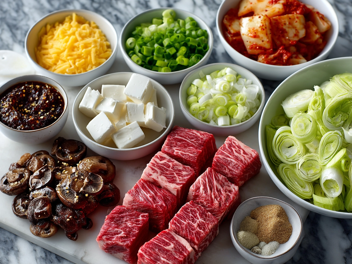 Ingredients laid out for Korean Pot Roast, including beef chuck roast, Korean radish, garlic, ginger, soy sauce, and vegetables