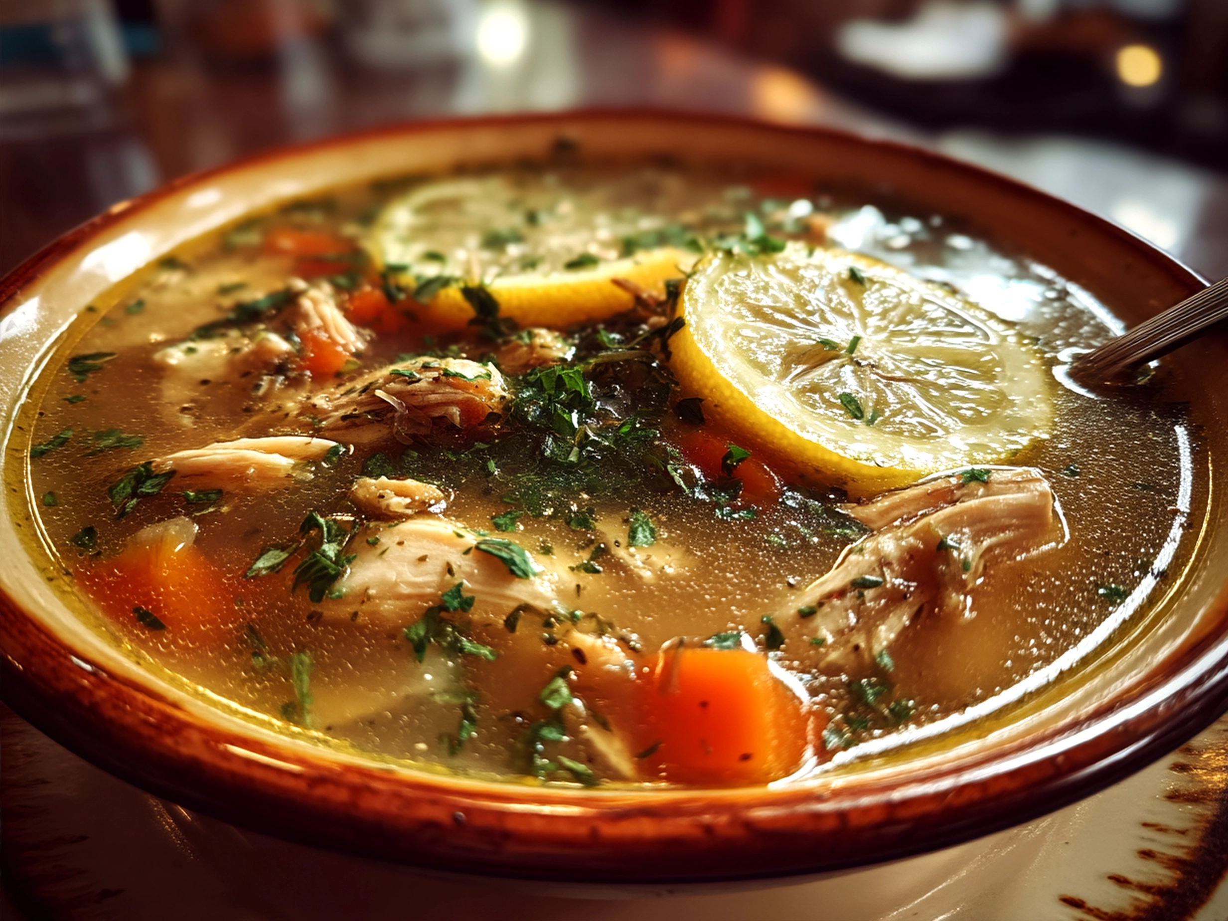 Serving bowl of Lemon Chicken Soup garnished with herbs