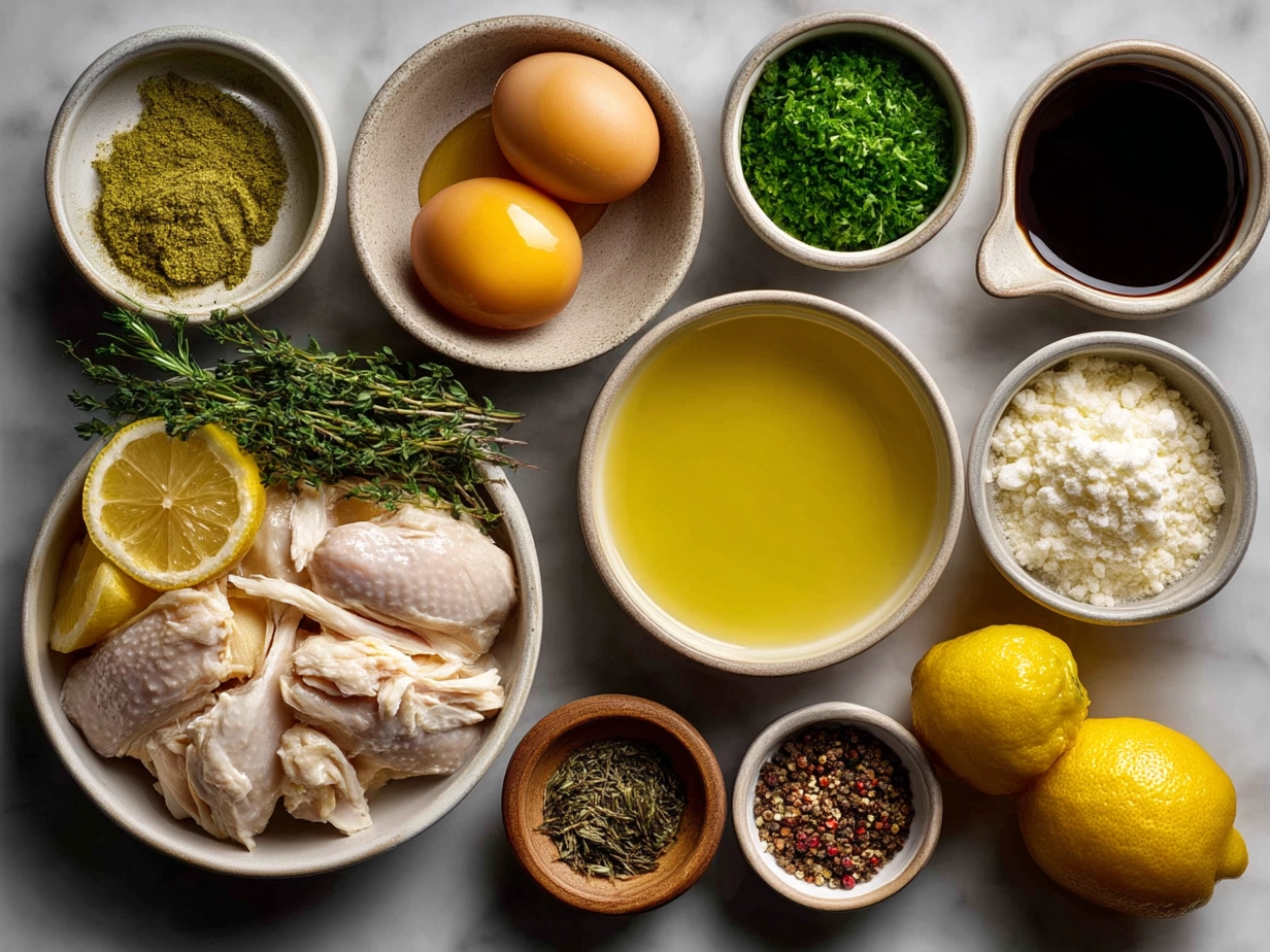 Ingredients for Lemon Chicken Soup including chicken broth, lemon, eggs, and vegetables
