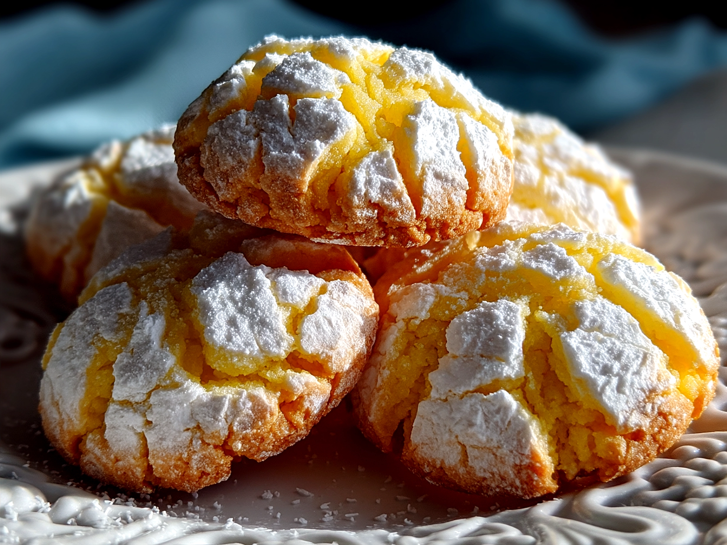 Freshly baked Lemon Crinkle Cookies served on a platter with powdered sugar