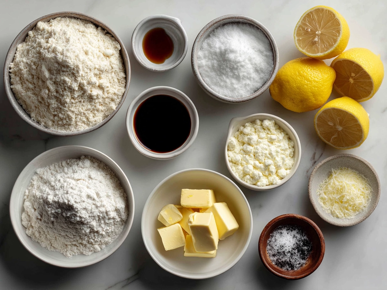 Ingredients for Lemon Crinkle Cookies including butter, sugar, eggs, lemon zest, flour, and baking powder