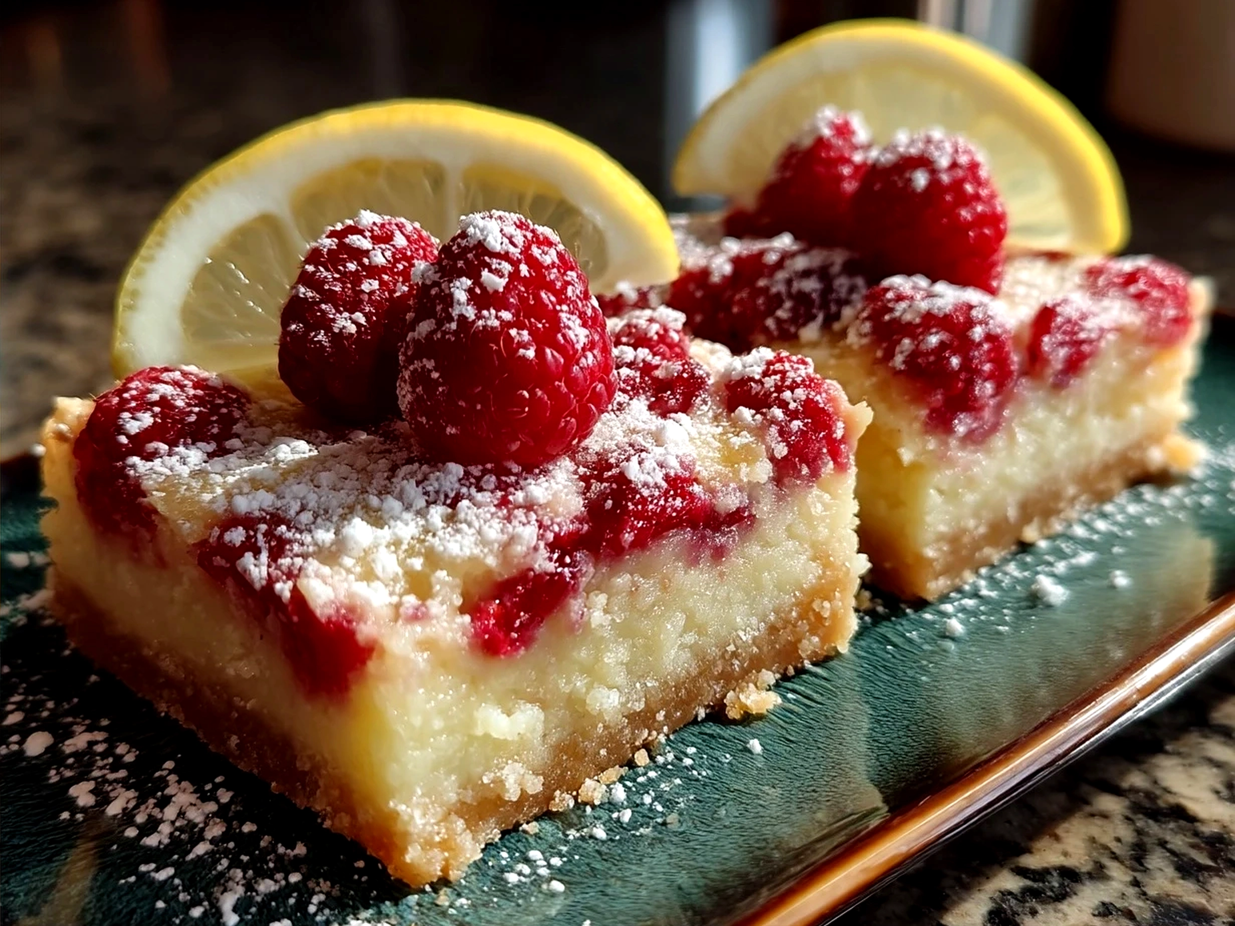 Plated Lemon Raspberry Bars served with whipped cream and fresh fruit on the side