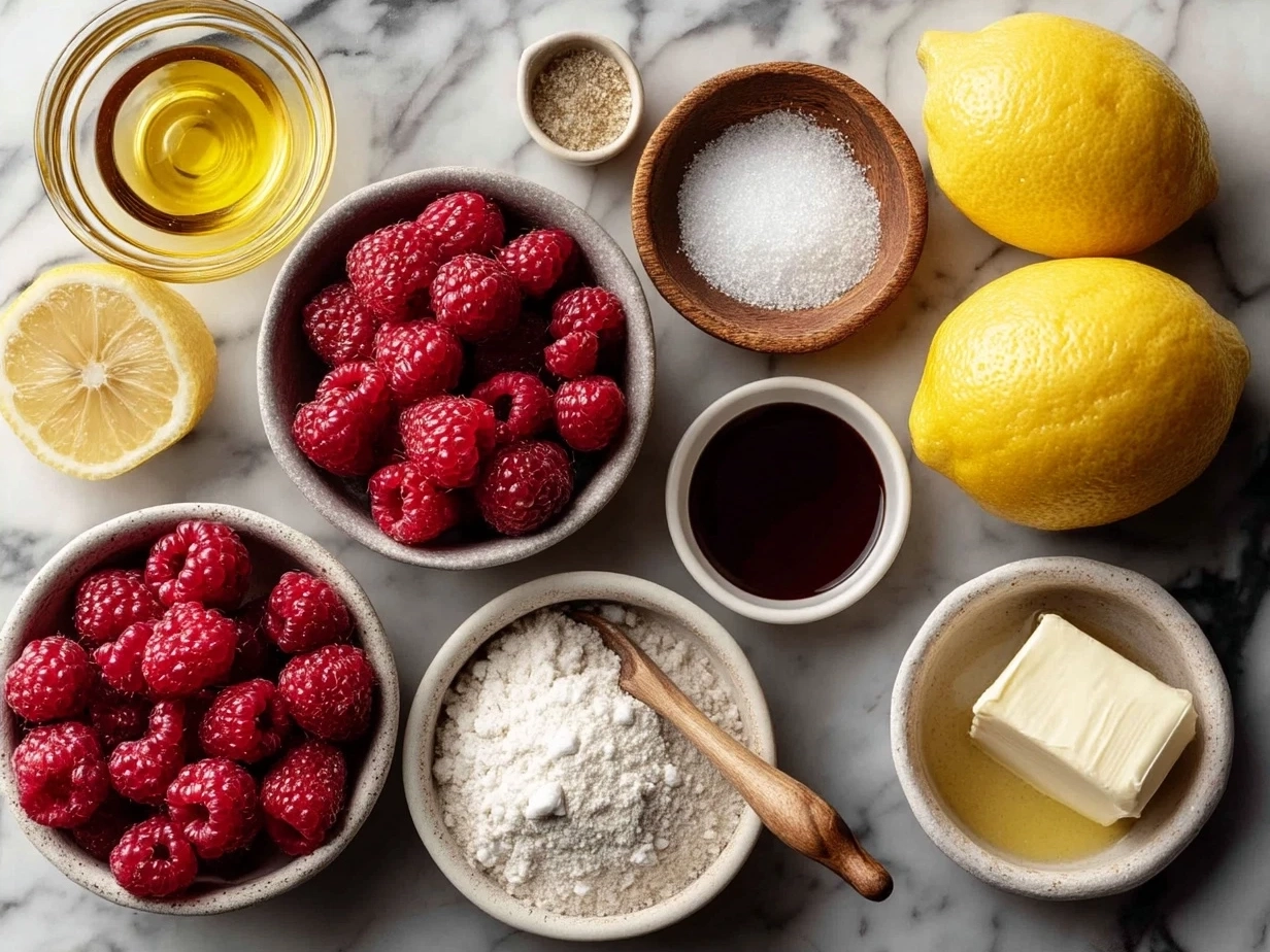 Ingredients for Lemon Raspberry Bars laid out, including flour, sugar, butter, eggs, lemons, and raspberries
