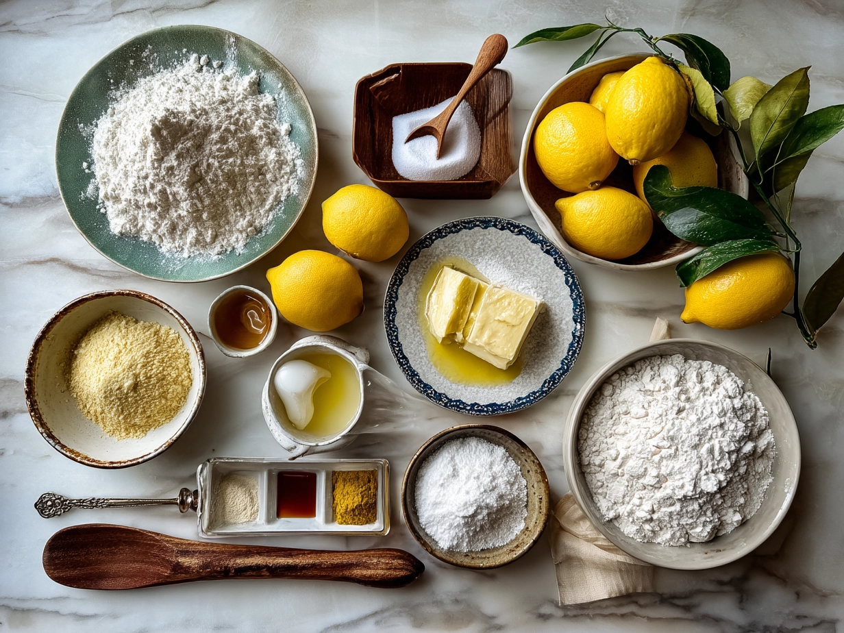 Ingredients for Limoncello Cake including lemons, butter, sugar, eggs and limoncello