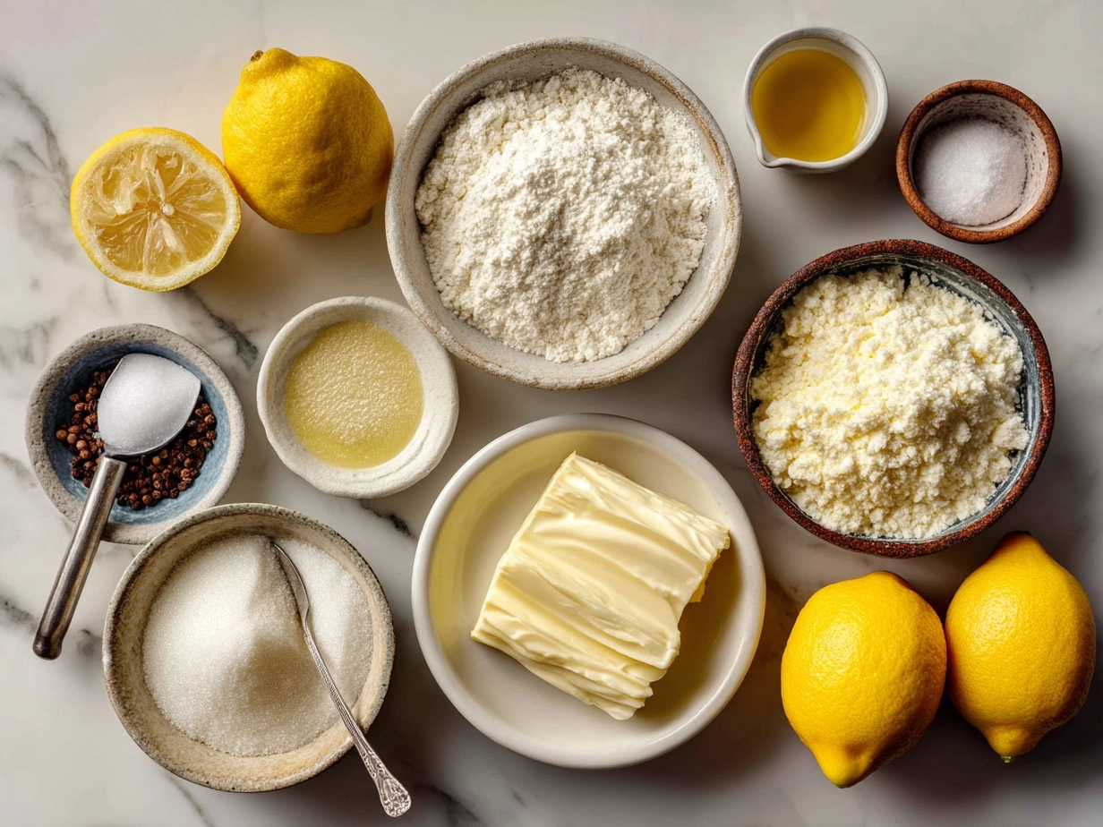 Ingredients for making Limoncello Mascarpone Cake laid out on kitchen surface