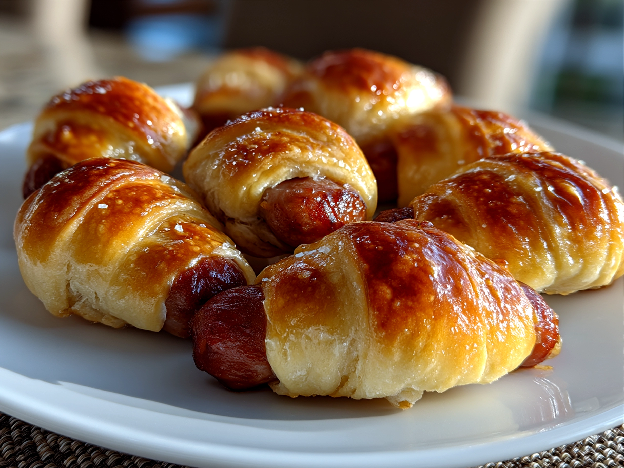 Plated Little Smokies in Crescent Rolls served warm on a colorful platter