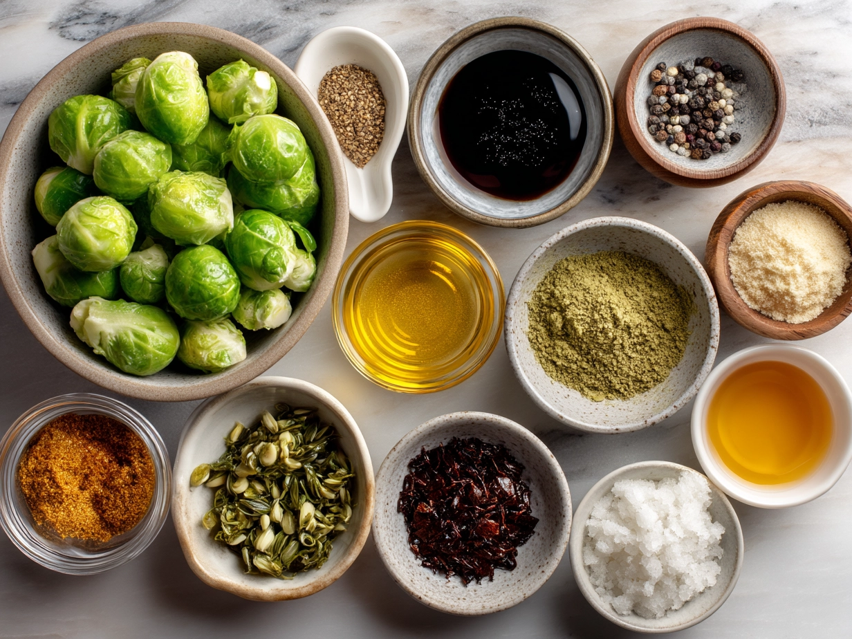 Ingredients for Maple Balsamic Roasted Brussels Sprouts including fresh Brussels sprouts, olive oil, balsamic vinegar, maple syrup, Dijon mustard, and garlic
