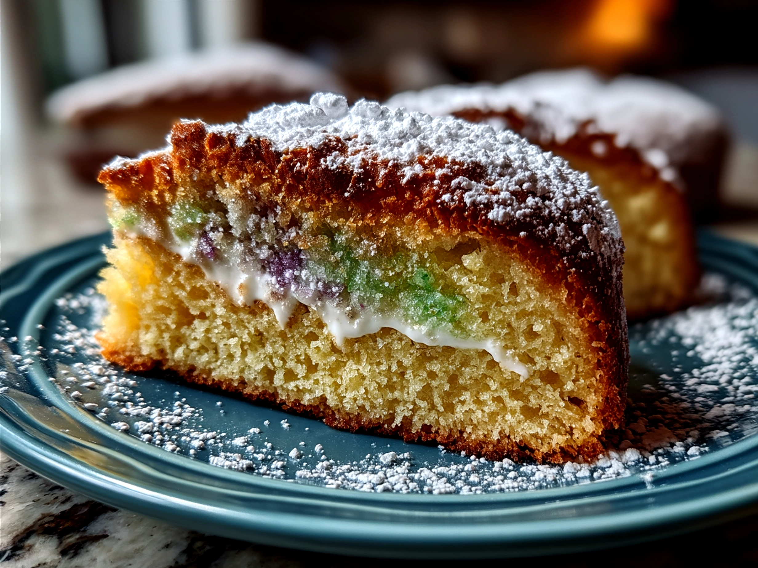 A beautifully glazed Mardi Gras King Cake decorated with purple, green, and gold sanding sugar on a serving plate