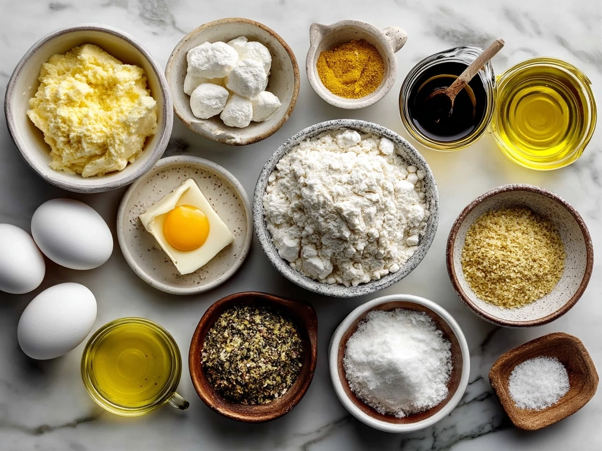 Ingredients for Mardi Gras King Cake neatly arranged on a kitchen counter