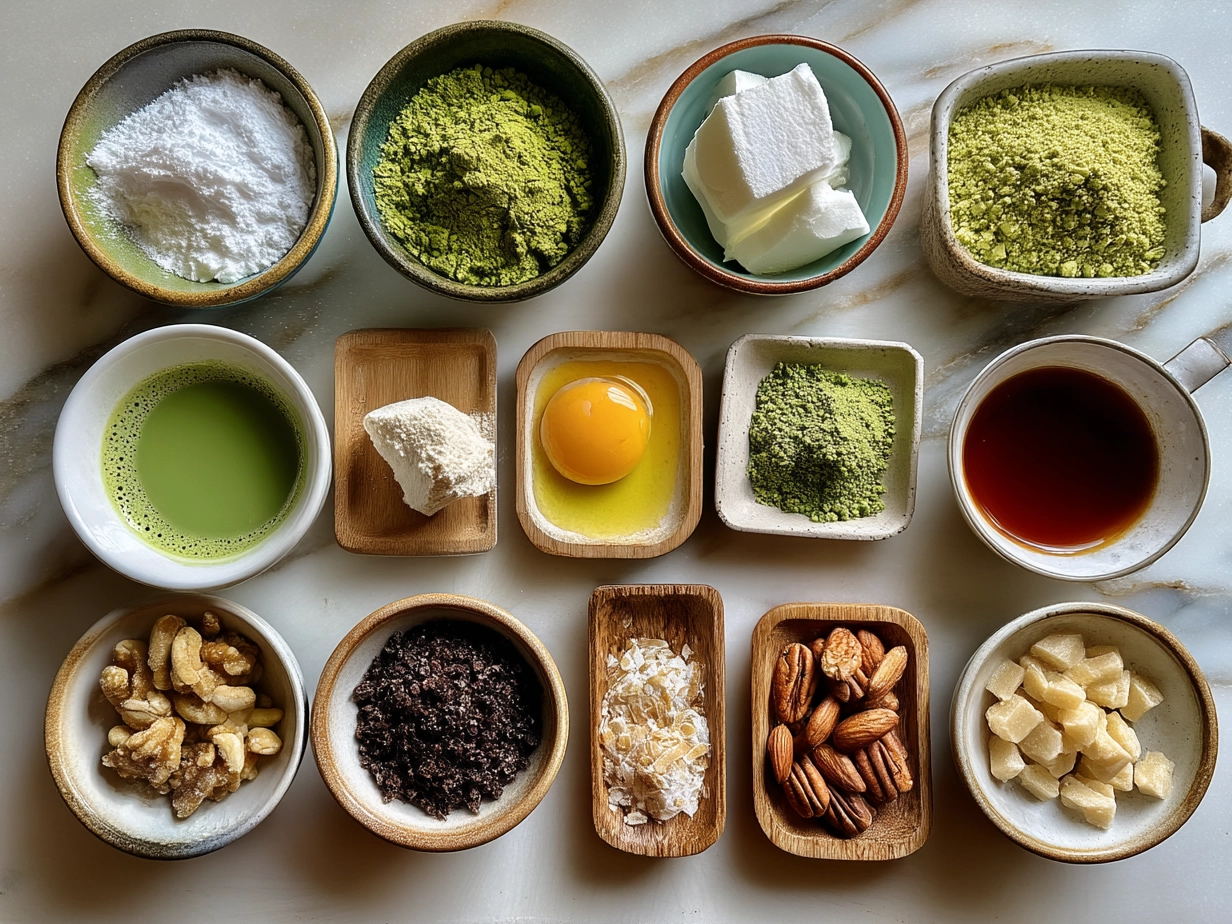 Ingredients for Matcha Latte Cookies laid out neatly
