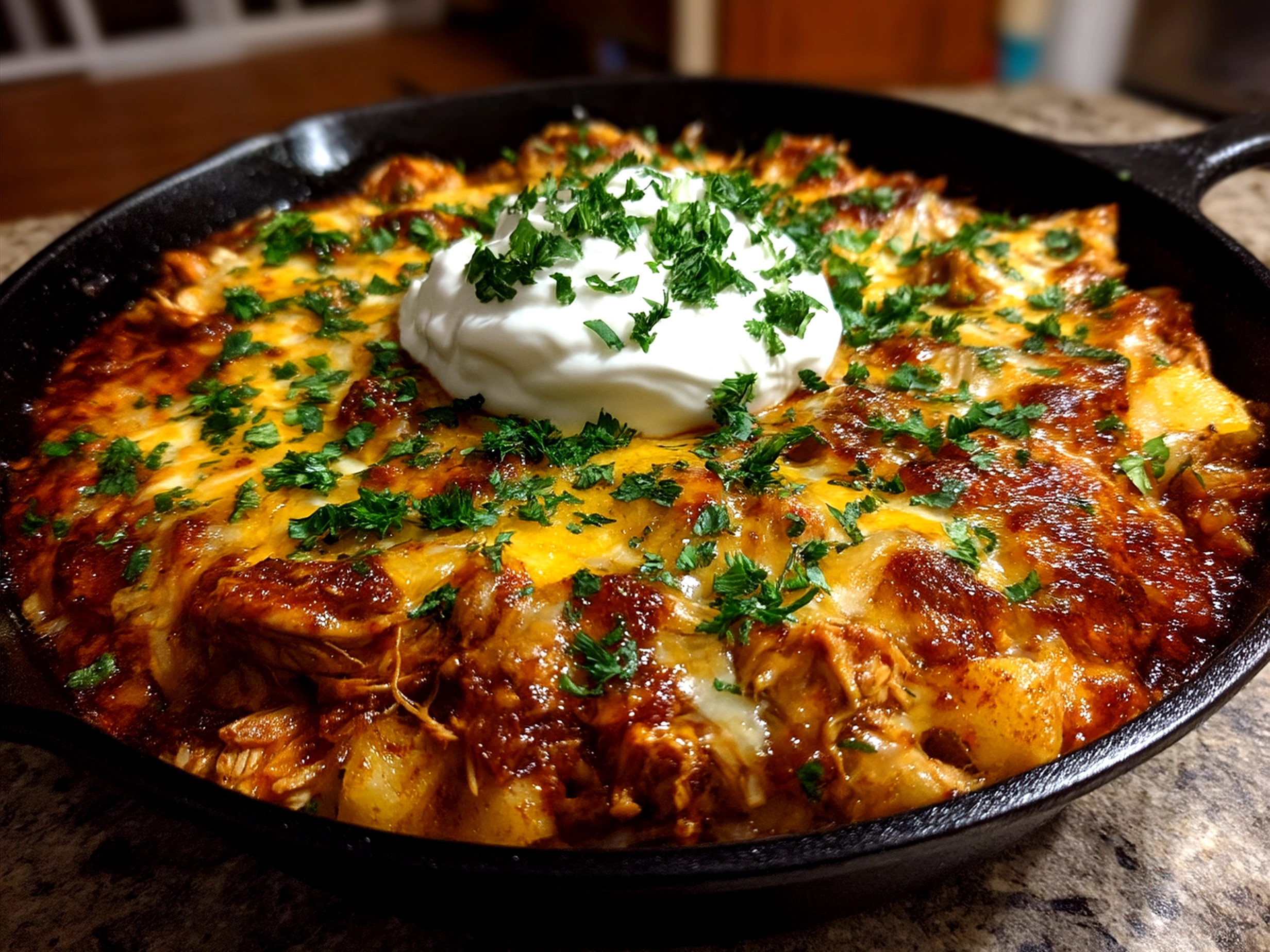 Served One Pot Low Carb Chicken Enchilada Skillet, ready to eat