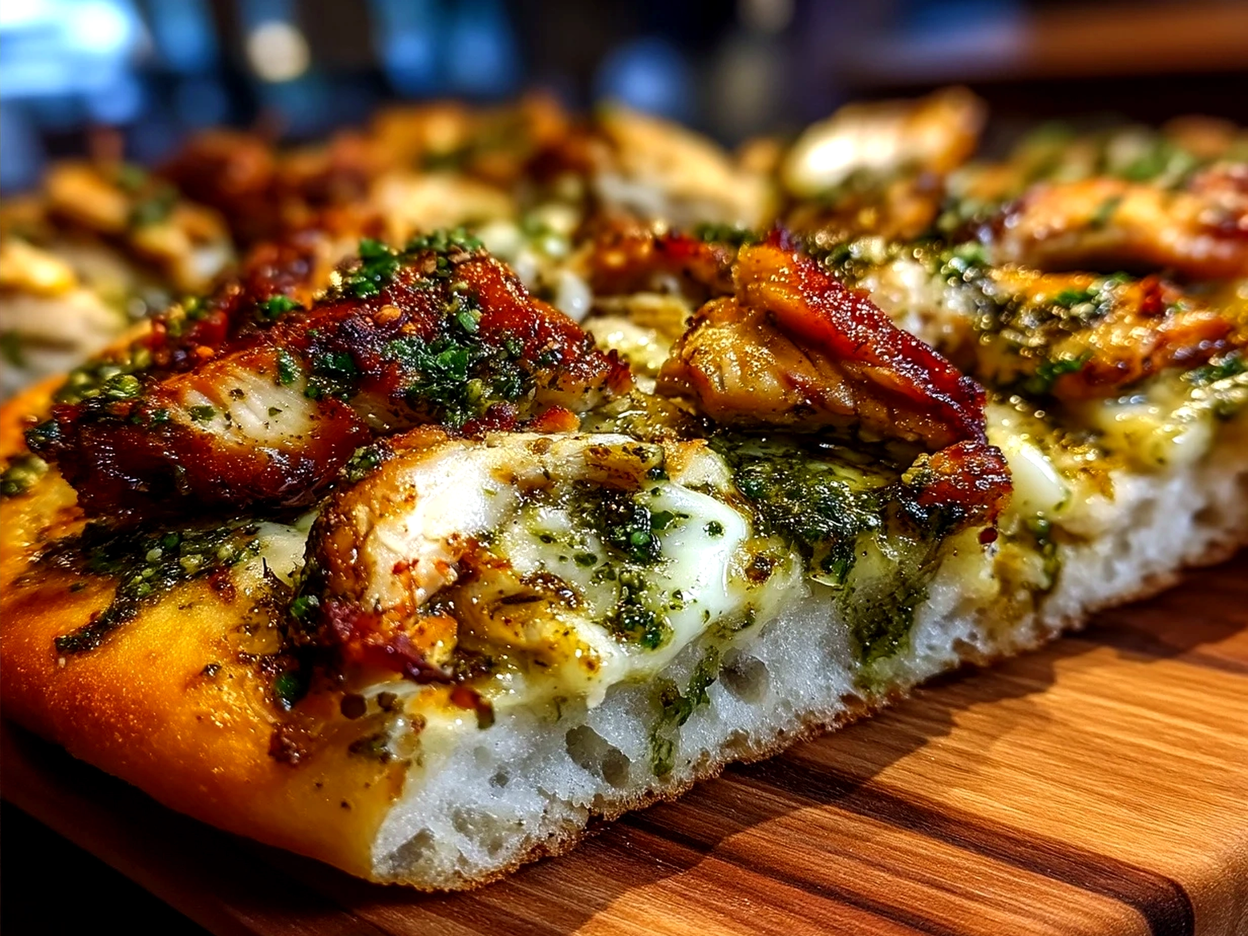 Serving of a finished Pesto Chicken Flatbread garnished with fresh basil leaves