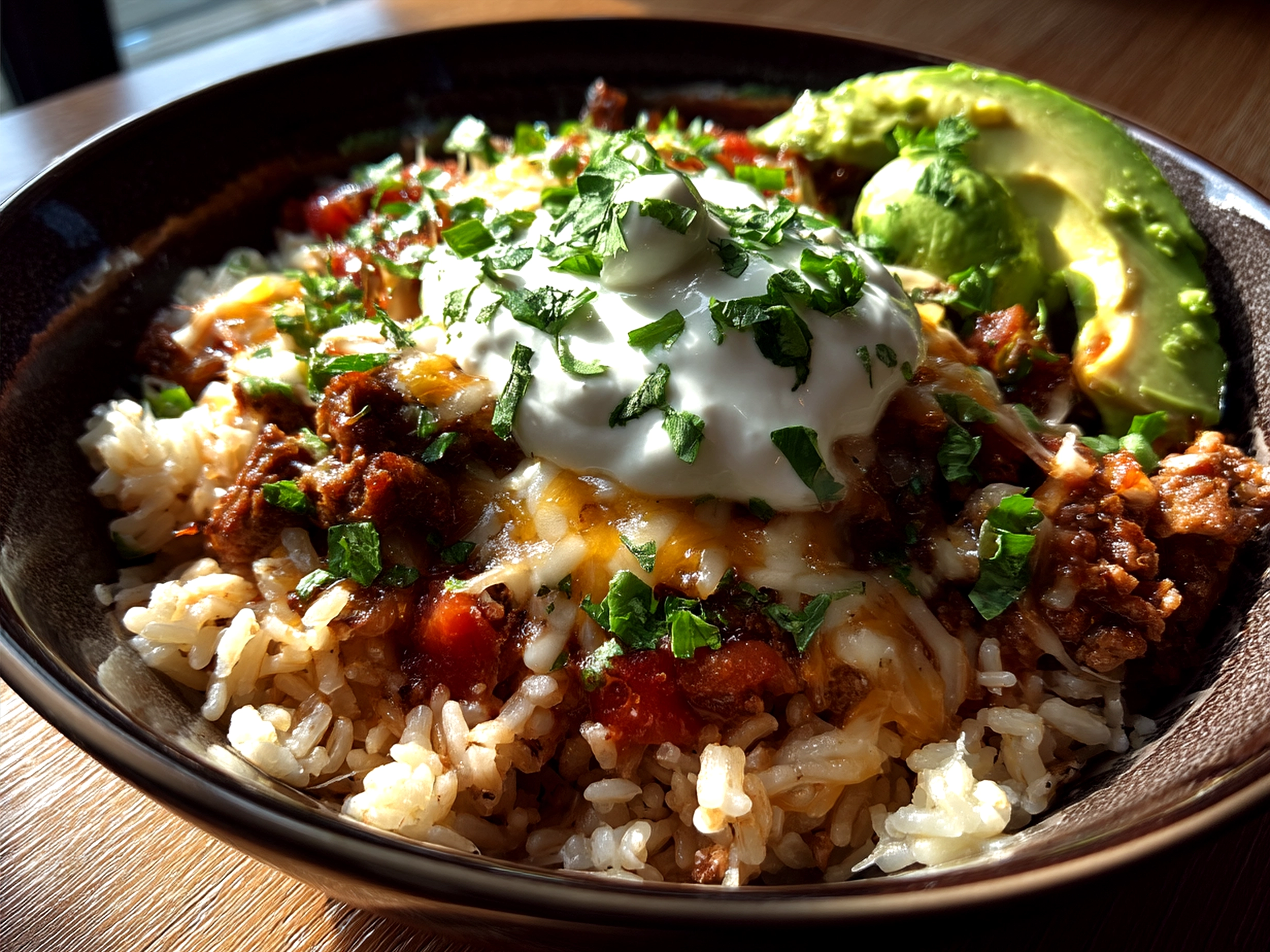 Finished Ranch Taco Party Bowl ready to serve with toppings