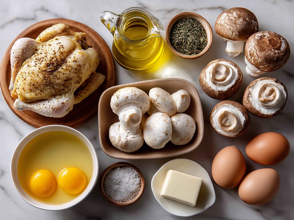 Ingredients for rotisserie chicken and mushroom soup including fresh mushrooms, shredded chicken, onions, garlic, butter, and broth