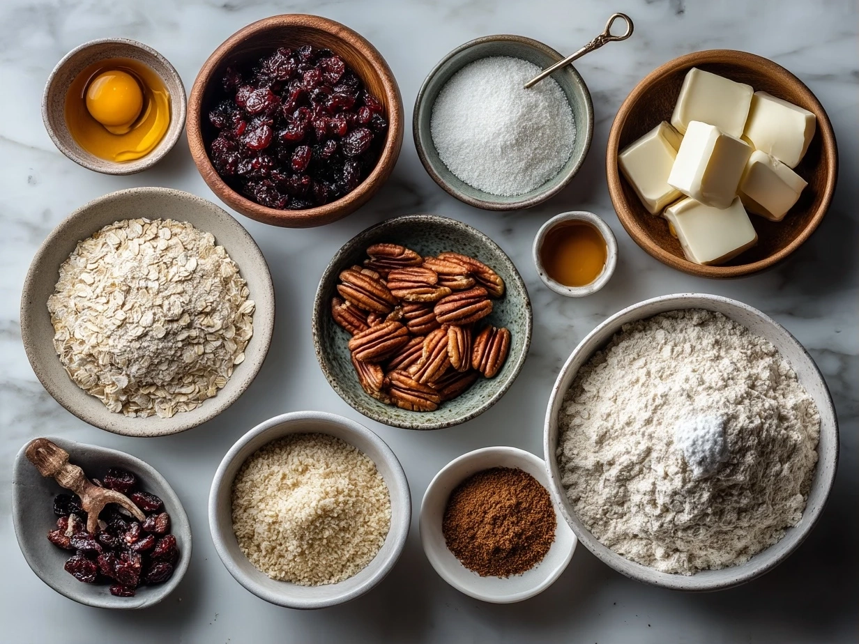 Raw ingredients for Oatmeal Cranberry Pecan Cookies on white marble surface