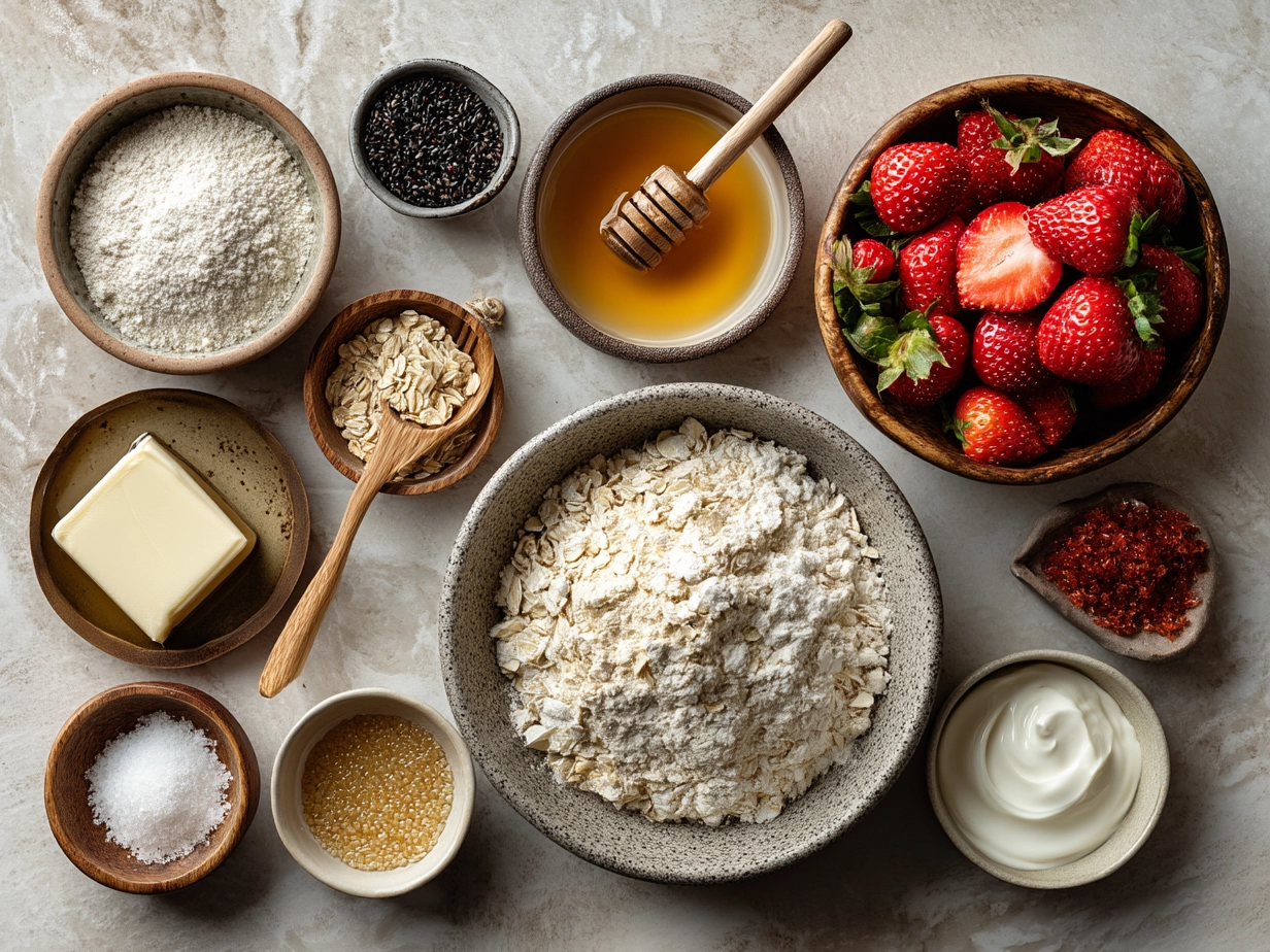 Raw ingredients for strawberry oatmeal muffins on marble surface