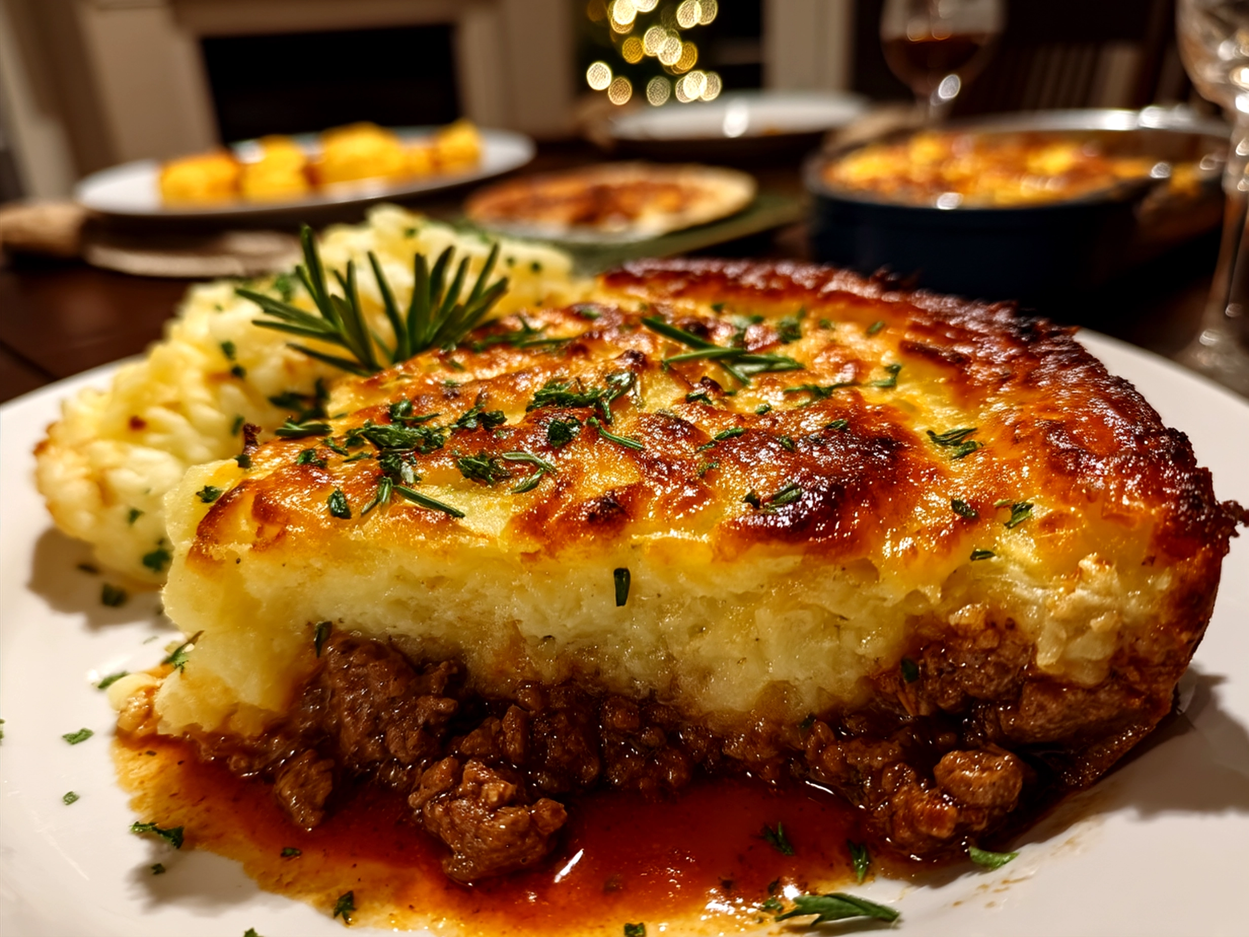 Golden baked Shepherds Pie fresh out of the oven, ready to serve