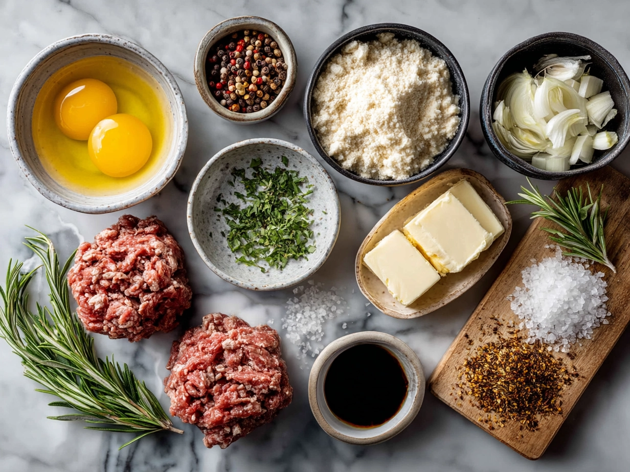 Ingredients laid out for making Shepherds Pie including ground lamb, onions, carrots, peas, tomato paste, stock, Worcestershire sauce, mashed potatoes, and seasonings