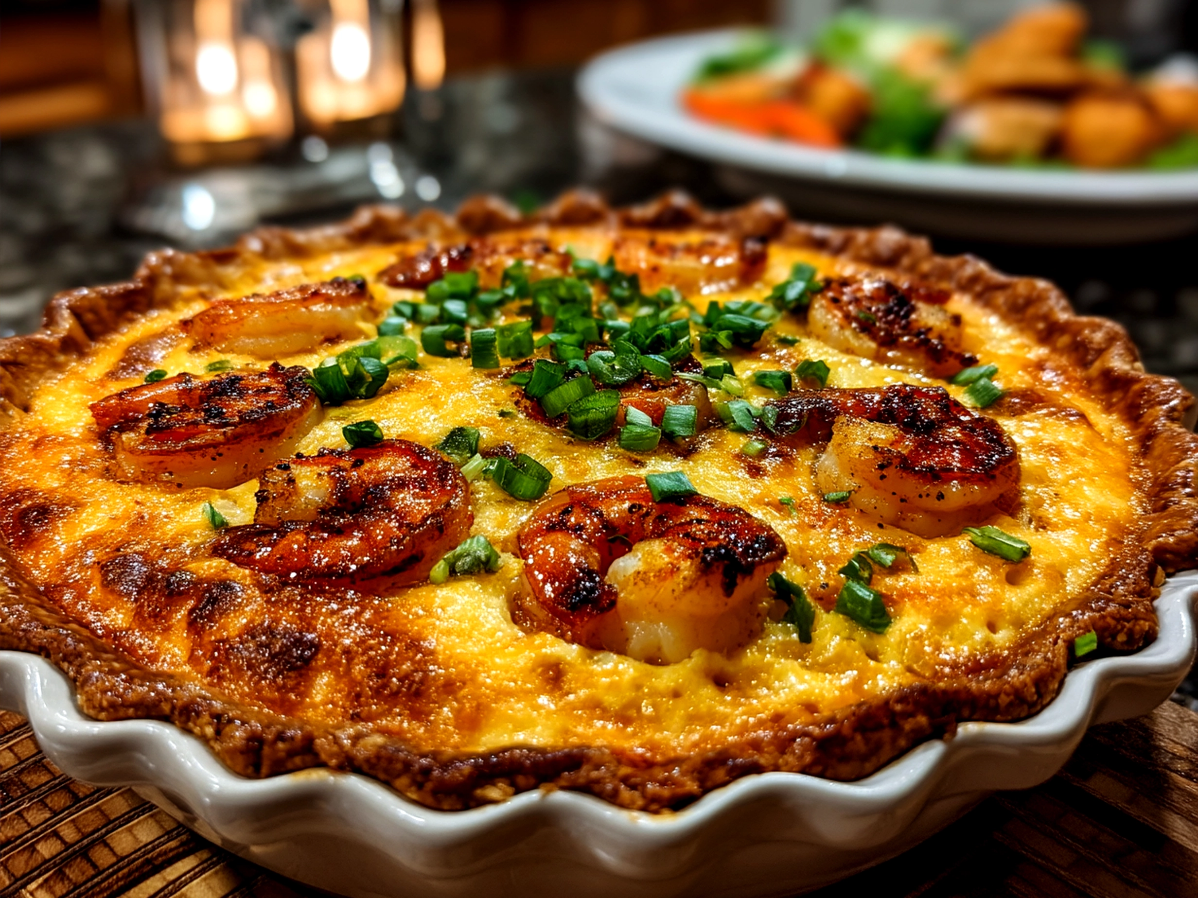 Served slices of Shrimp Cheddar Pie with fresh greens and lemon wedges