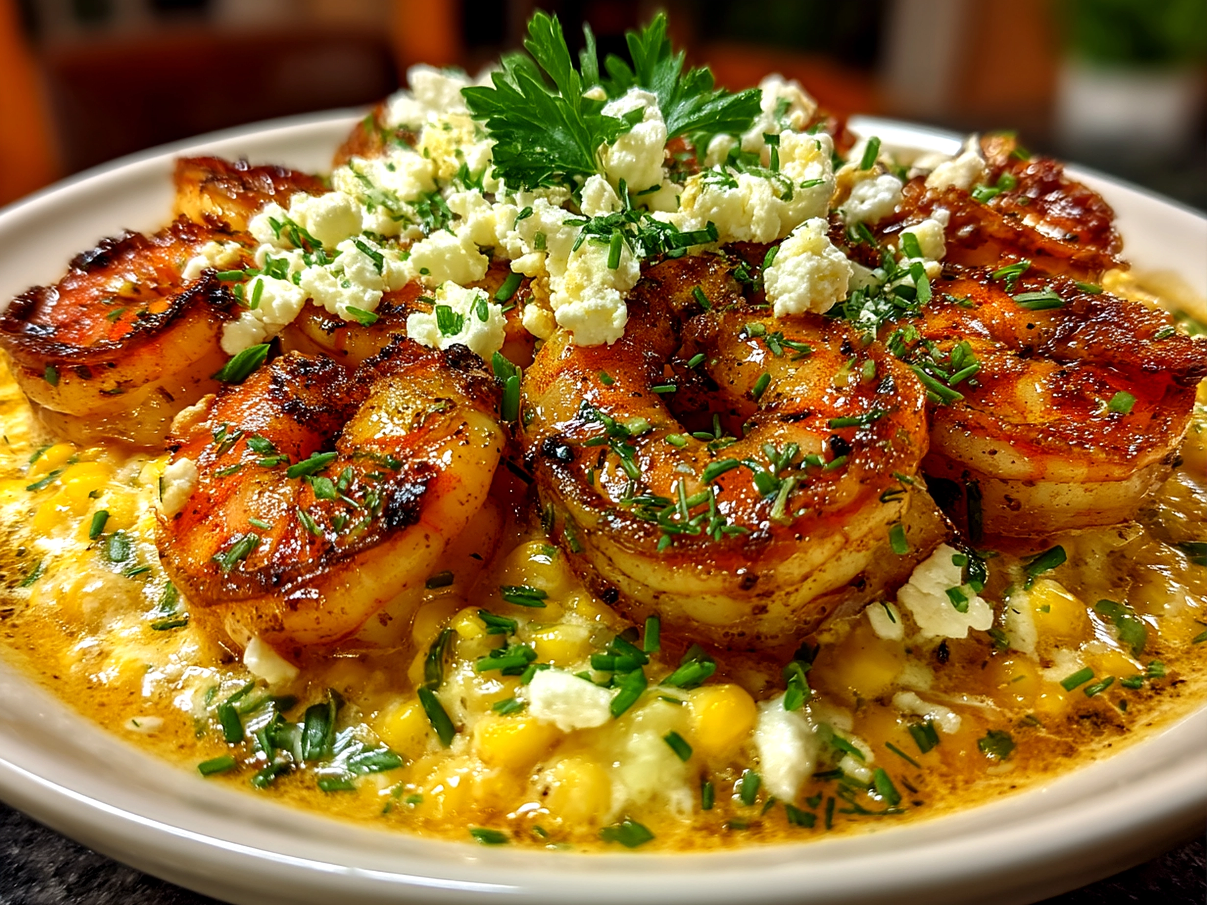 Serving suggestion of Shrimp with Creamed Corn Feta garnished with fresh herbs