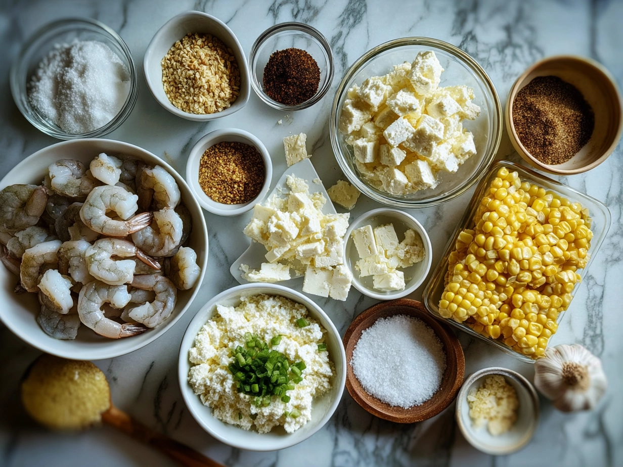 Ingredients for Shrimp with Creamed Corn Feta including shrimp, corn, feta cheese, heavy cream, garlic, butter, shallot, and herbs
