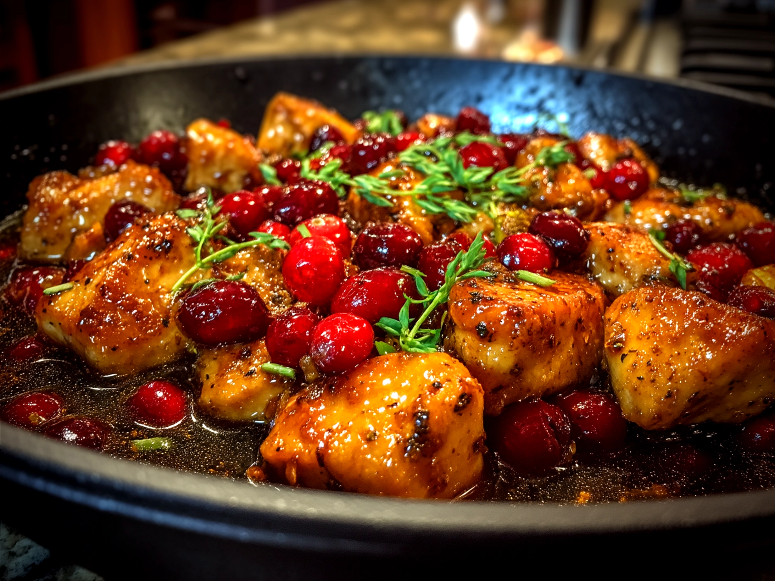 Skillet Cranberry Orange Chicken beautifully plated with fresh herb garnish