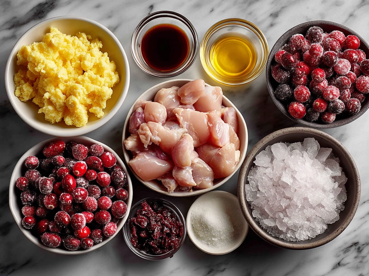 Fresh ingredients for Skillet Cranberry Orange Chicken including chicken thighs, cranberries, orange, honey, garlic, and herbs