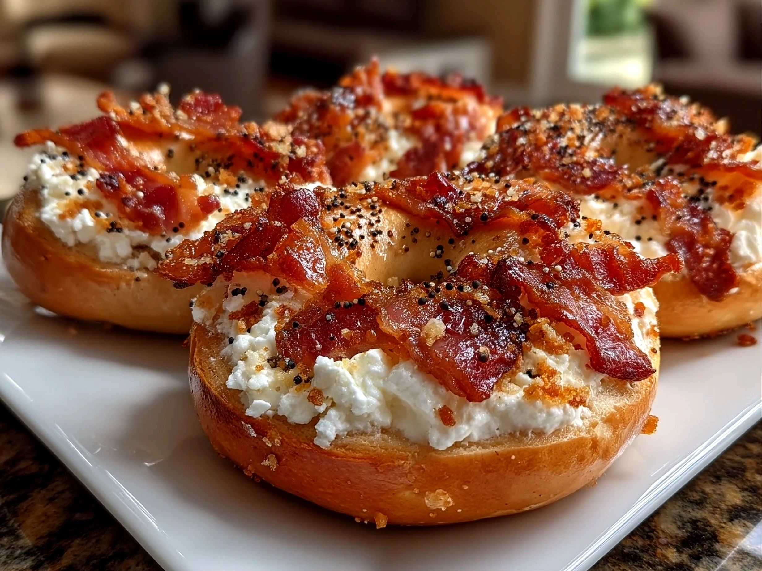 Close up of finished Bacon Cream Cheese Bagels served and ready to eat