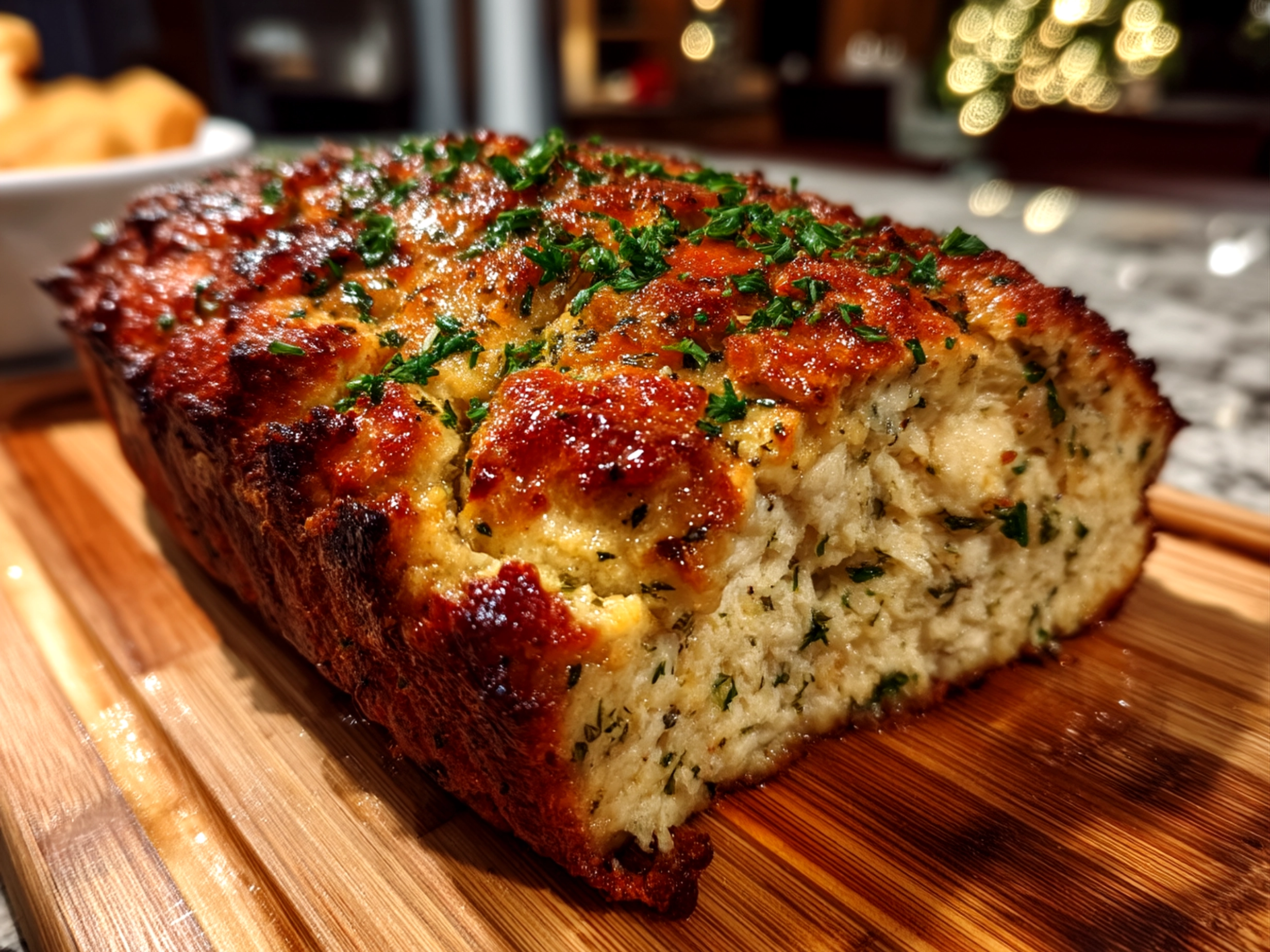 Slight angle close-up of finished beautiful Garlic Parmesan Chicken Meatloaf