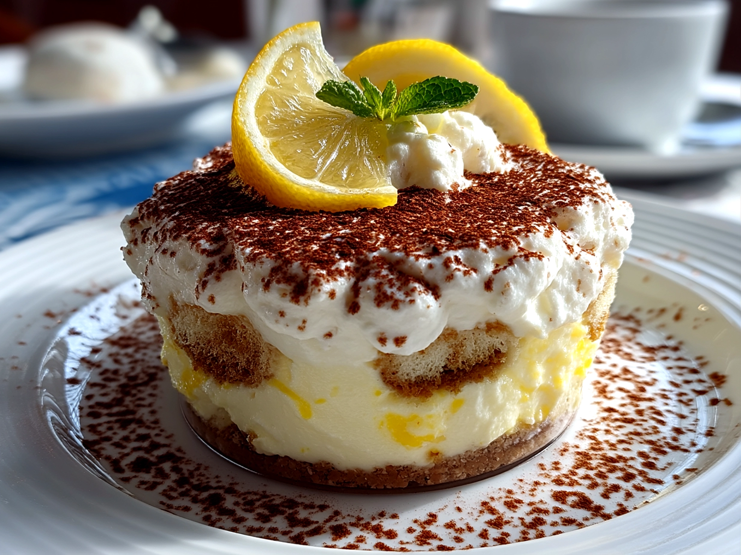 Slight angle close up of finished beautiful Limoncello Tiramisu