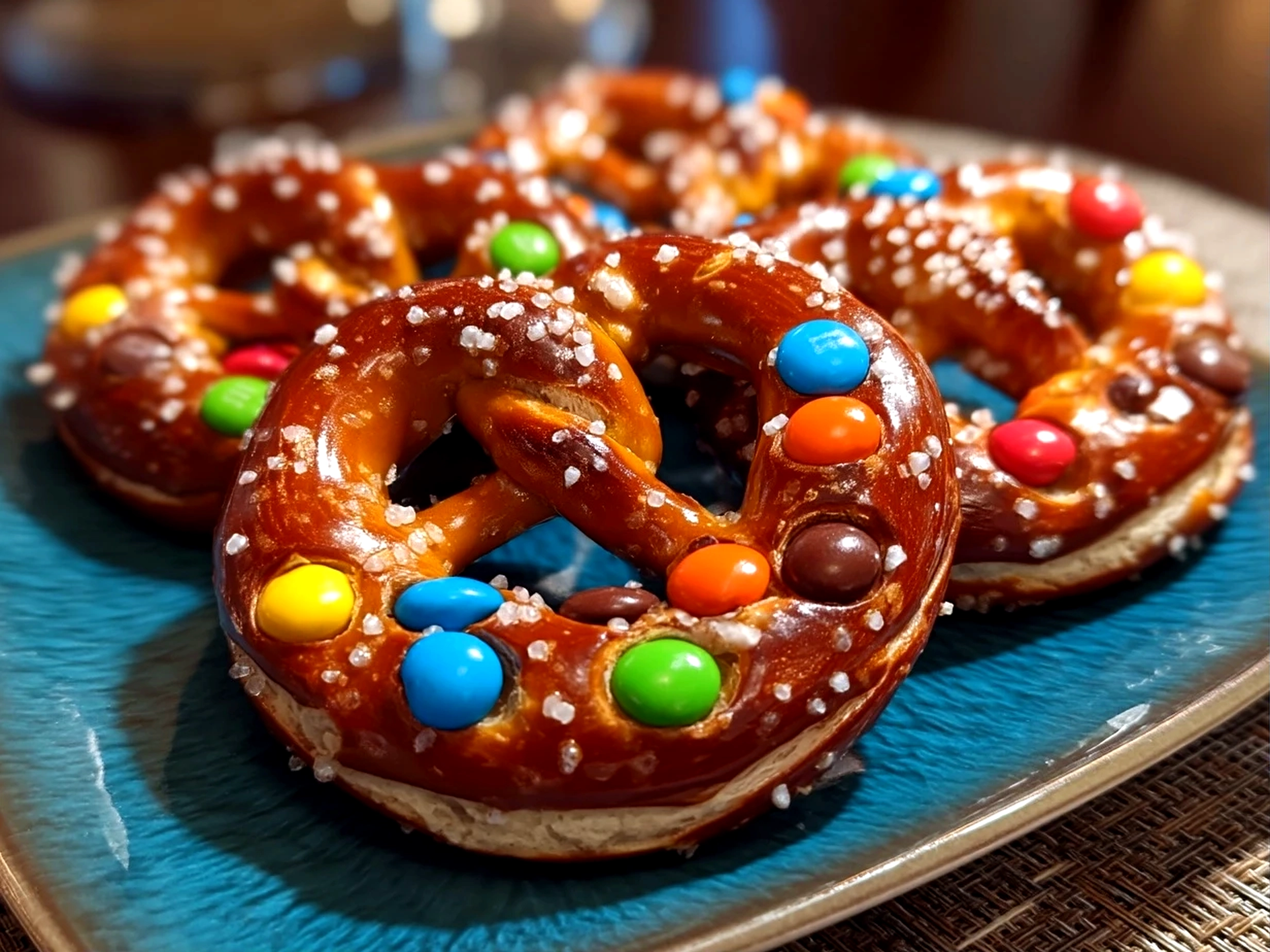 Close-up of finished Rolo Pretzels with mm candies arranged on a serving tray