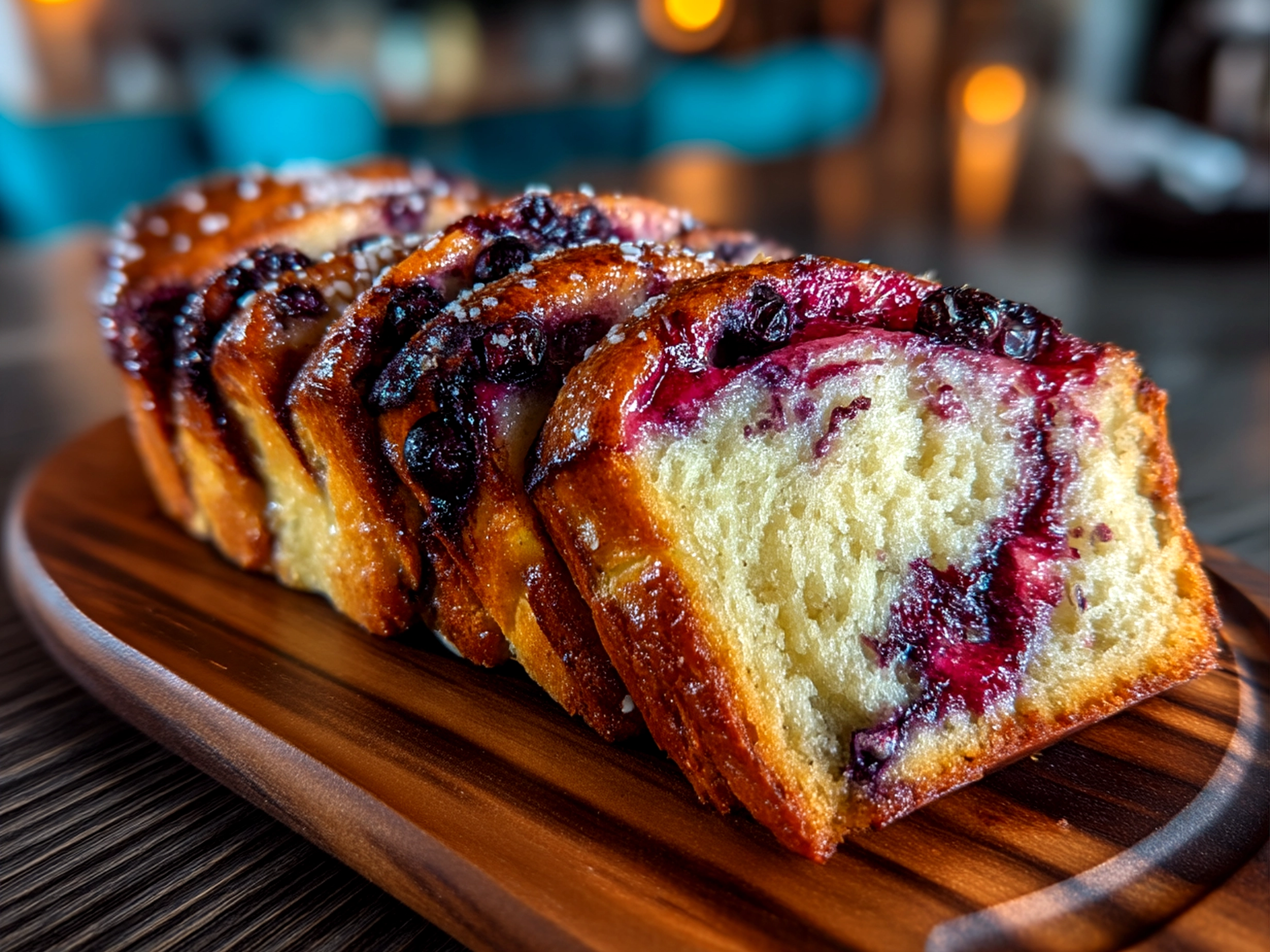 Slight angle close-up of finished Blueberry Lemon Sourdough Babka with visible layers and filling