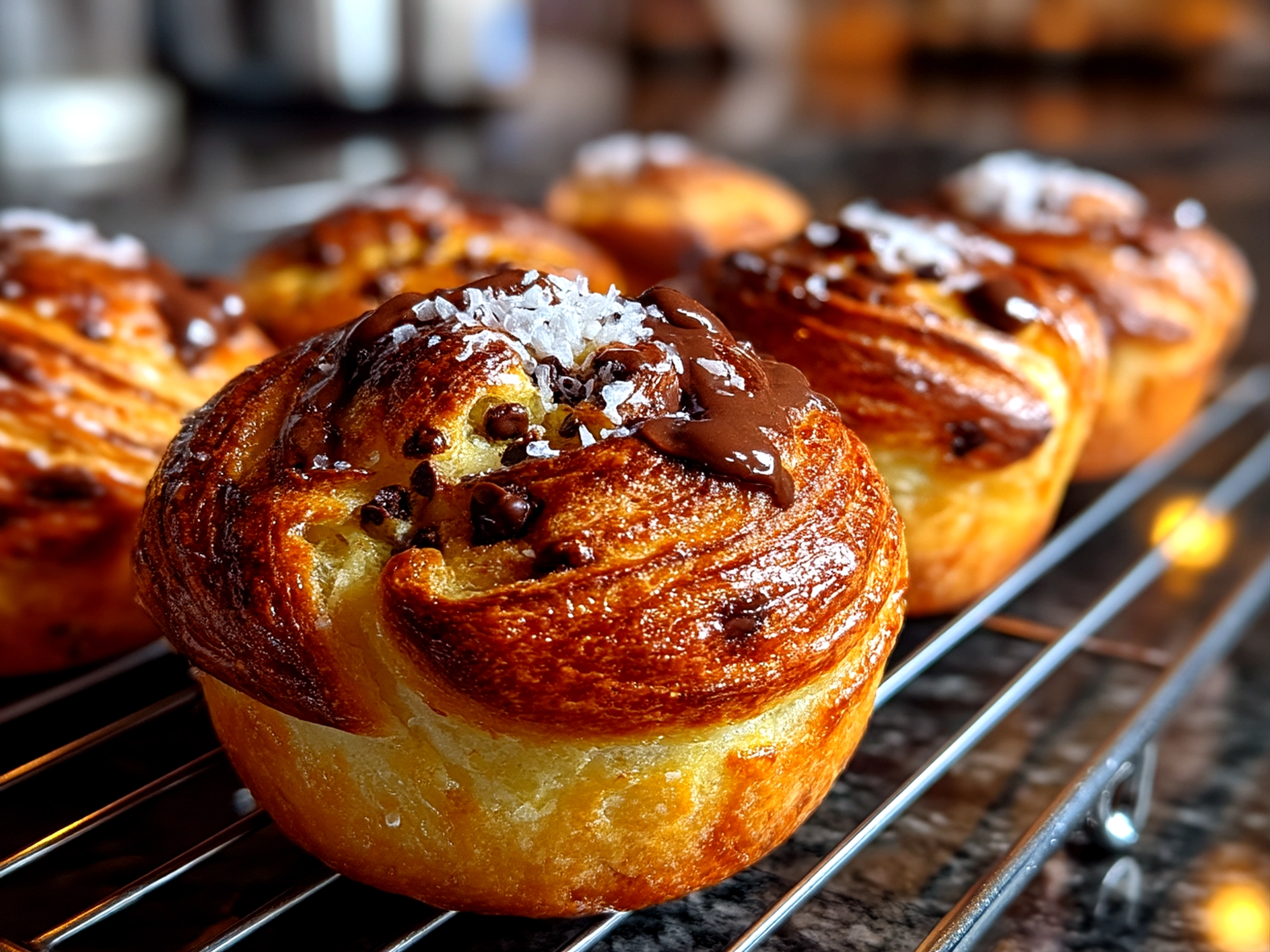 Slight angle close up of finished Chocolate Chip Sourdough Cruffins with glossy sheen