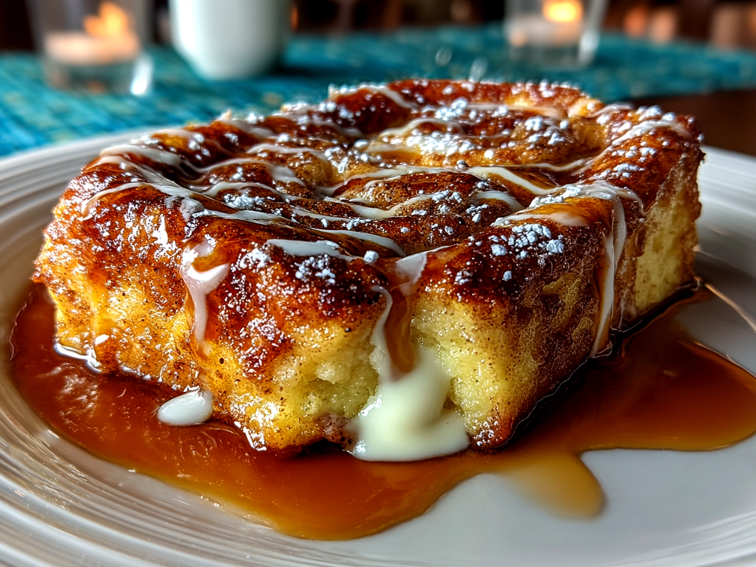 Close-up of finished Cinnamon Roll French Toast with a golden crust and cinnamon swirls