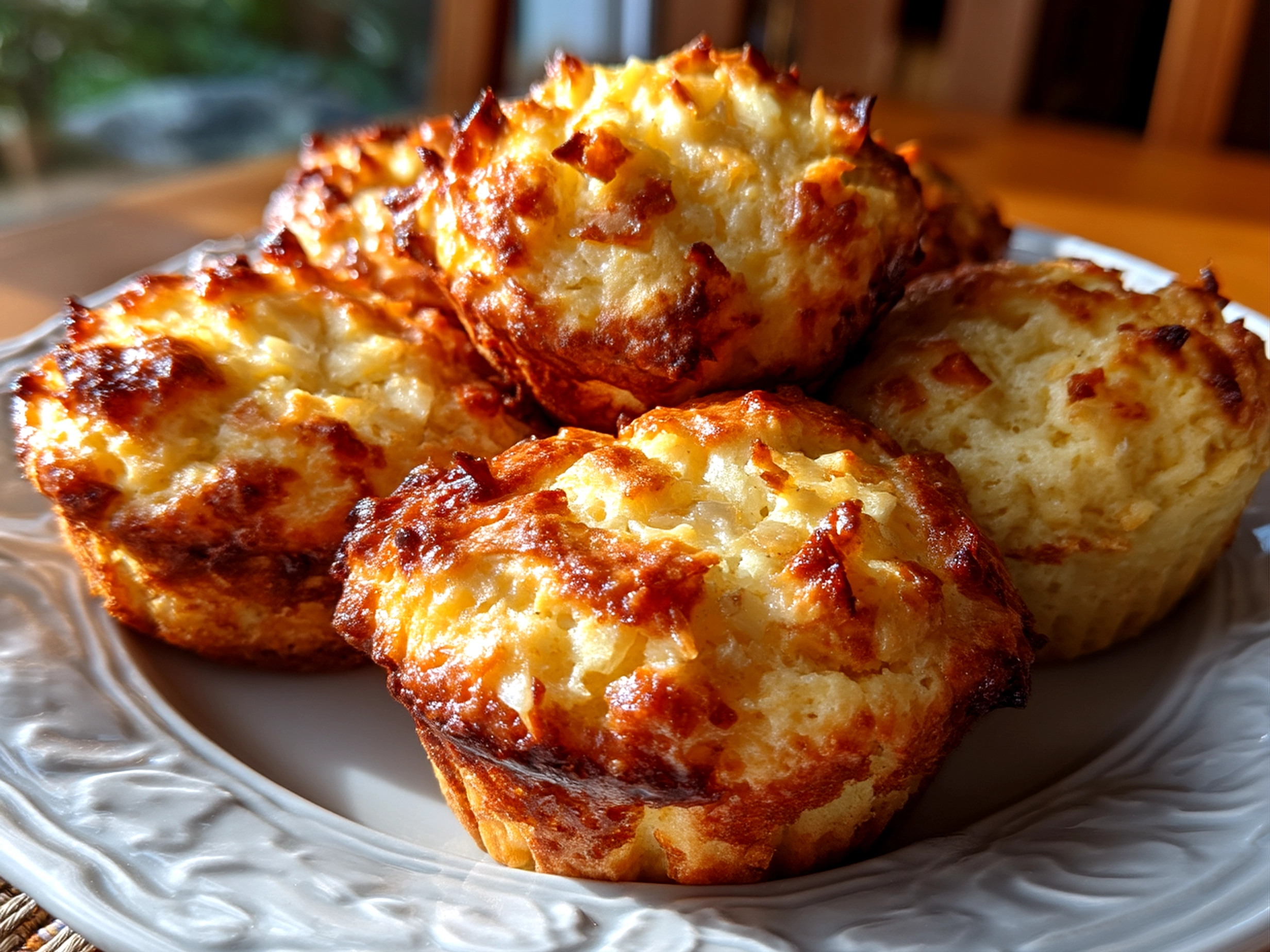 Close up of finished Coconut and Pineapple Cottage Cheese Muffins with toasted coconut on top
