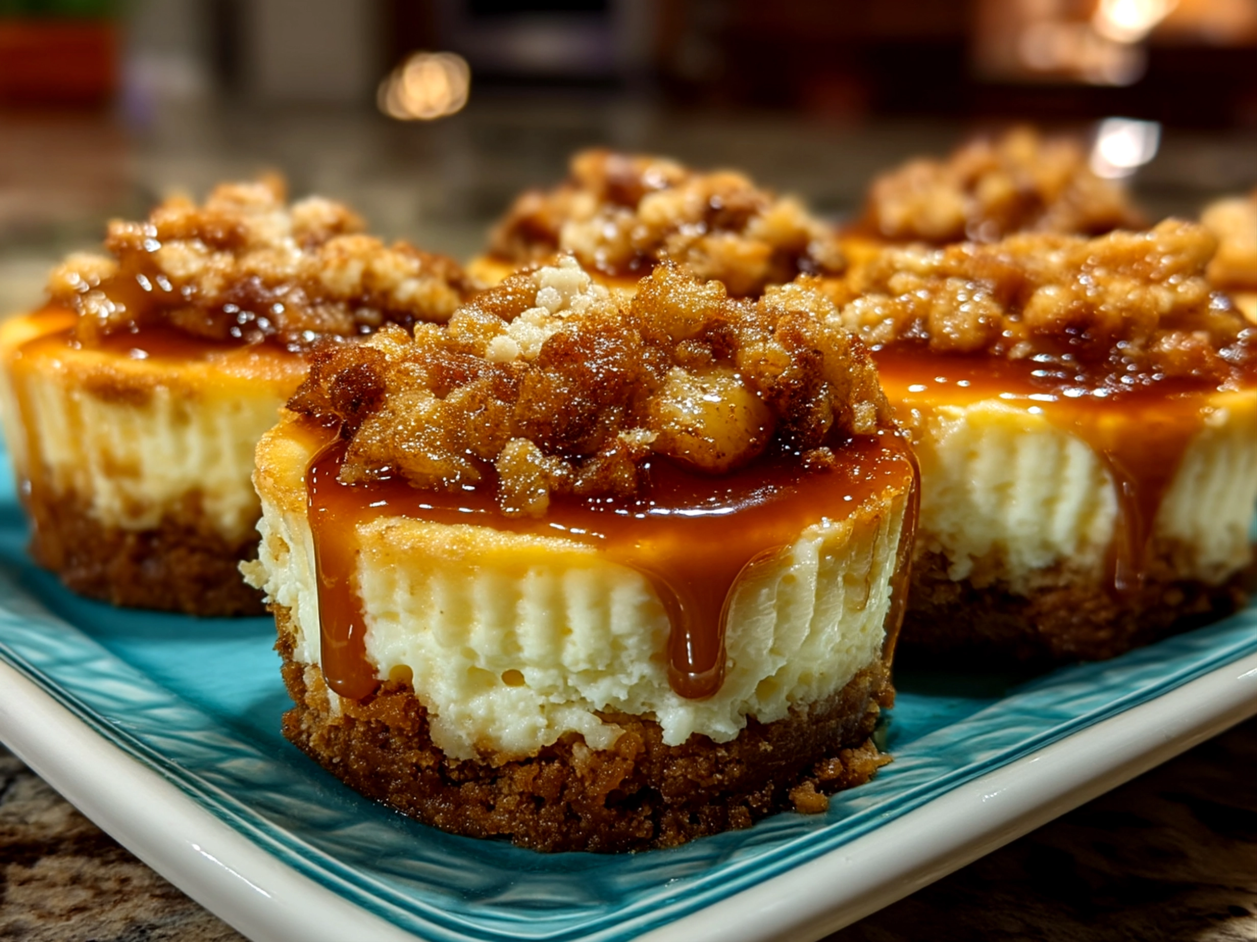 Slight angle close-up of finished comforting Apple Crisp Mini Cheesecakes