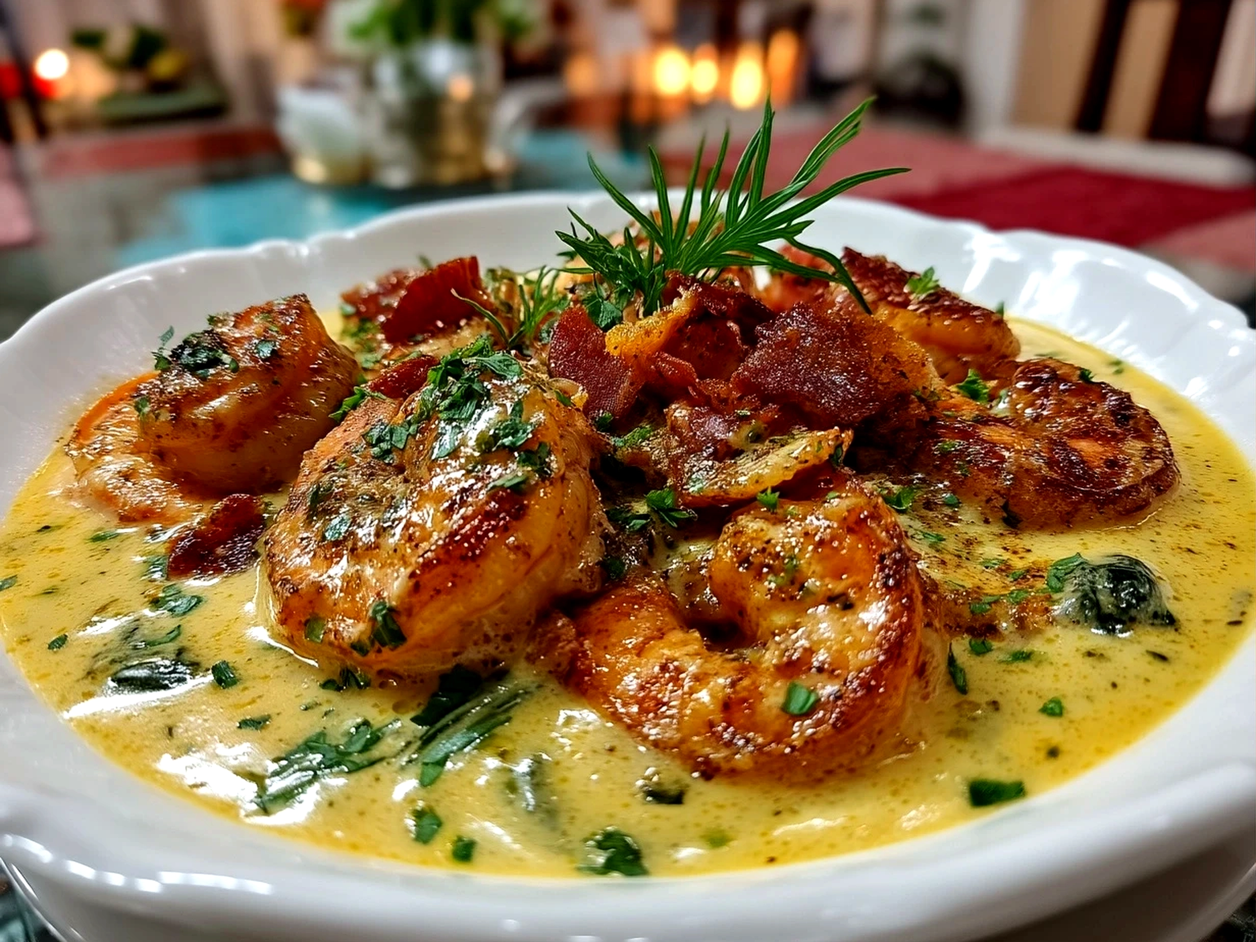 Slight angle close up of finished comforting Cajun Shrimp and Salmon with Garlic Cream Sauce