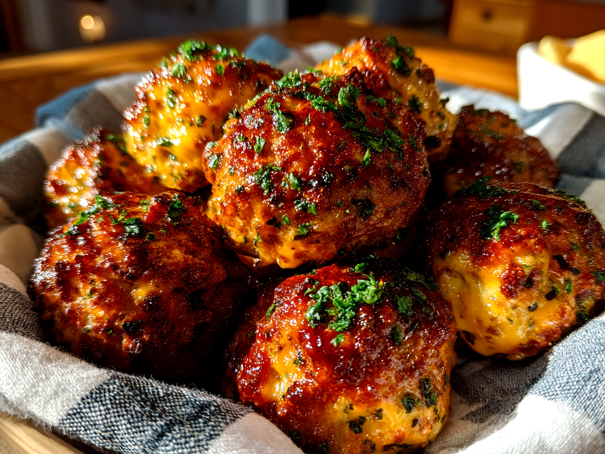 Slight angle close-up finished comforting Cheddar Bay Sausage Balls