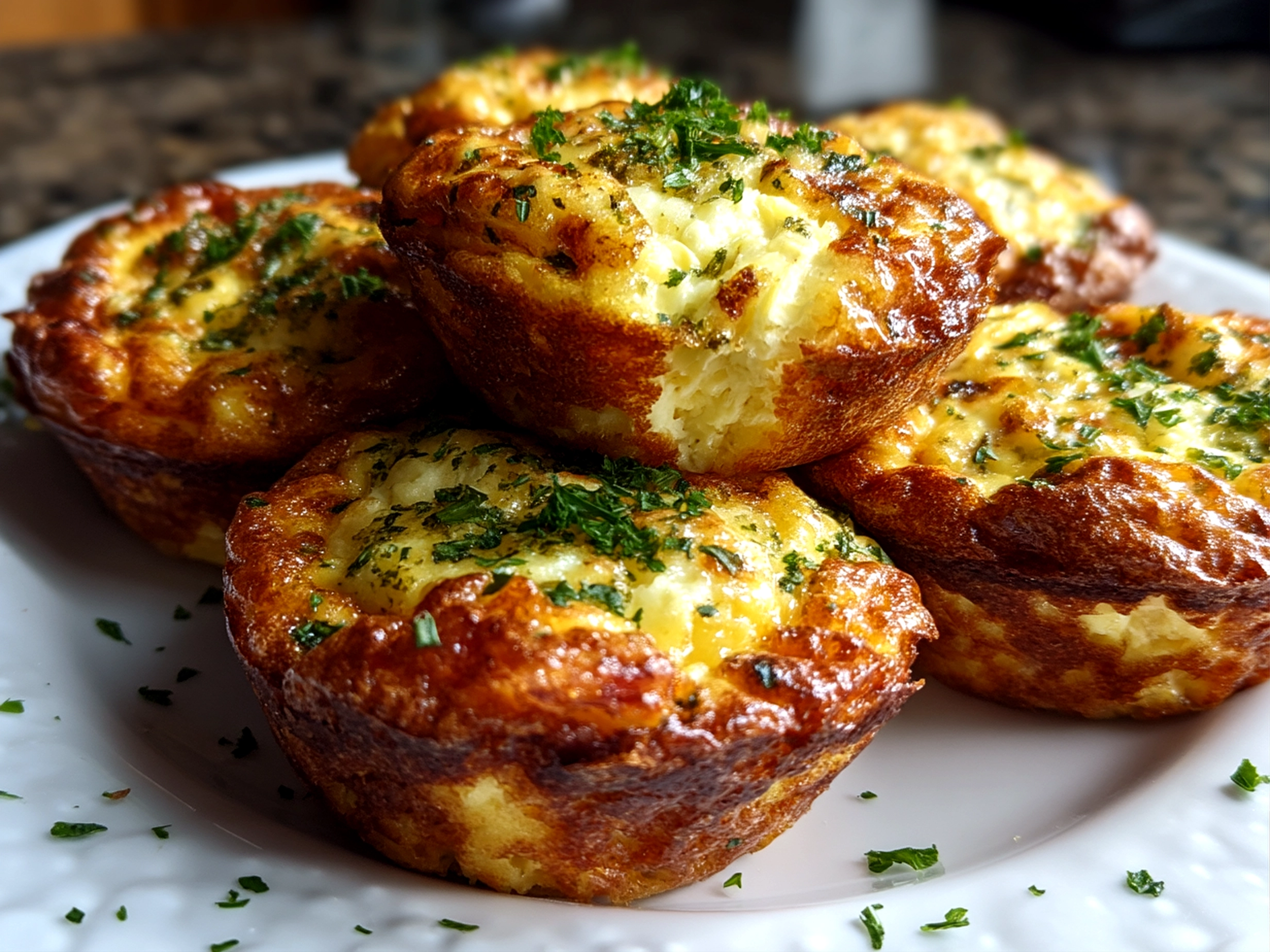 Slight angle close-up of finished comforting cottage cheese egg bites served on a plate