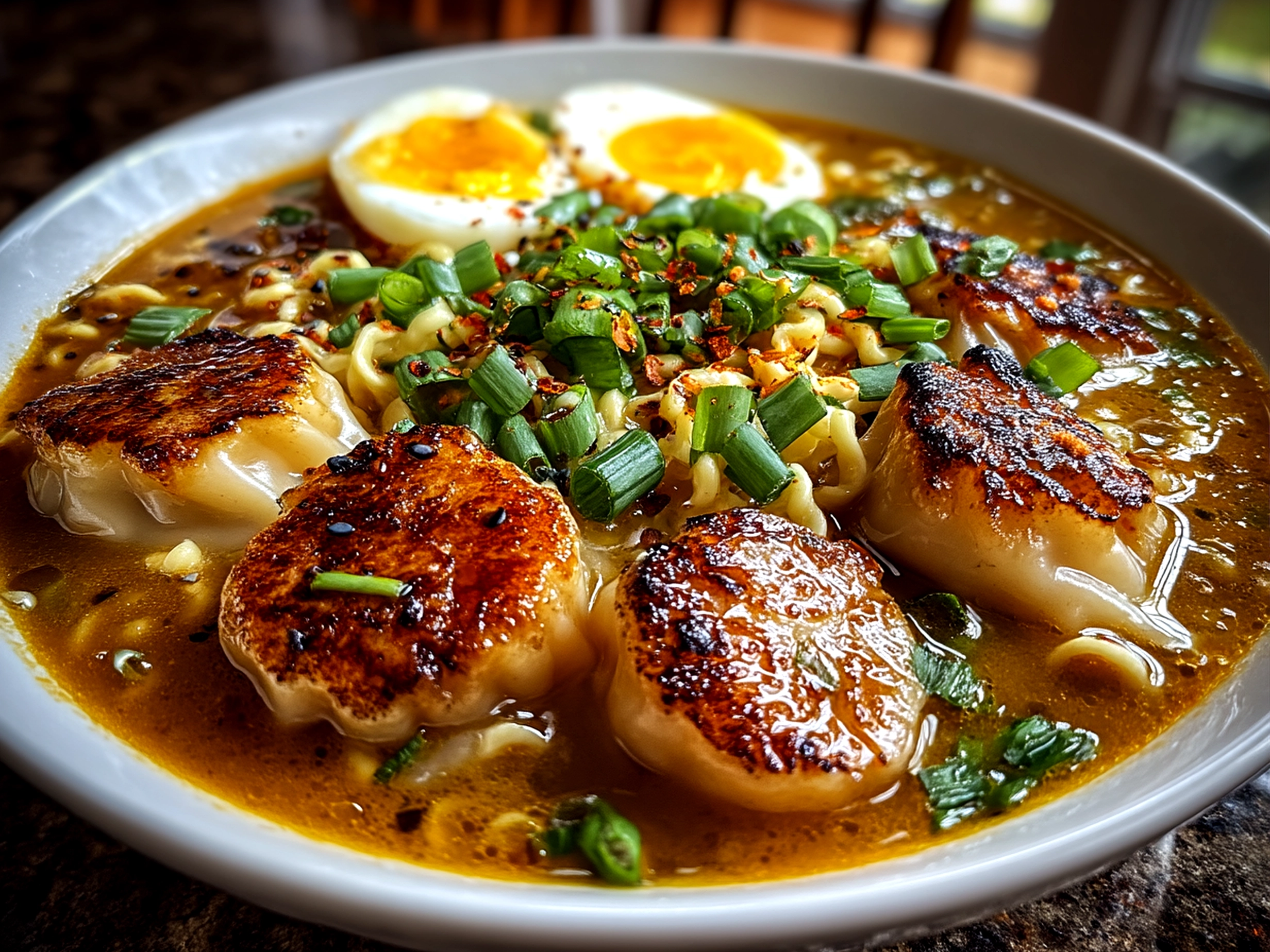 Slight angle close up of finished comforting dumpling ramen bowl with fresh garnish