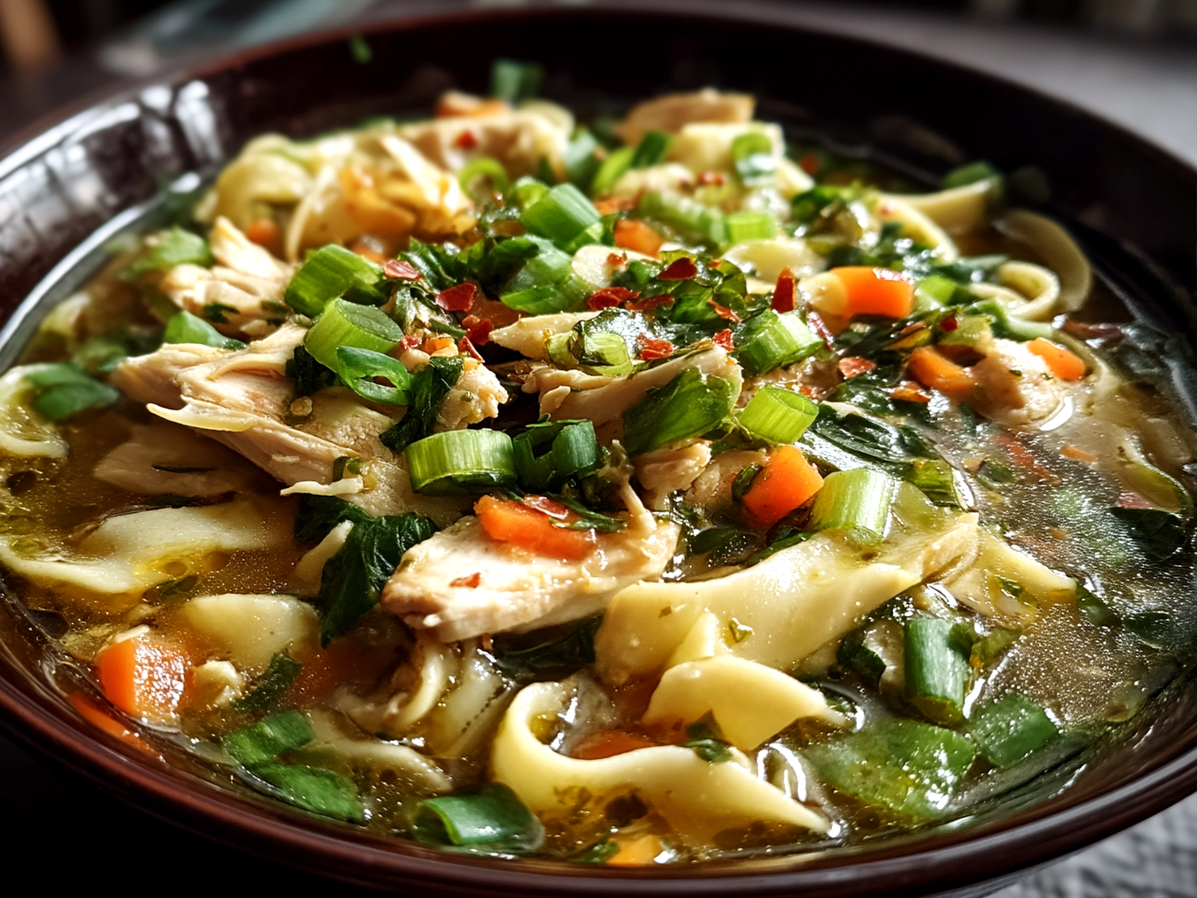 Slight-angle close-up of finished comforting ginger scallion chicken noodle soup in a bowl