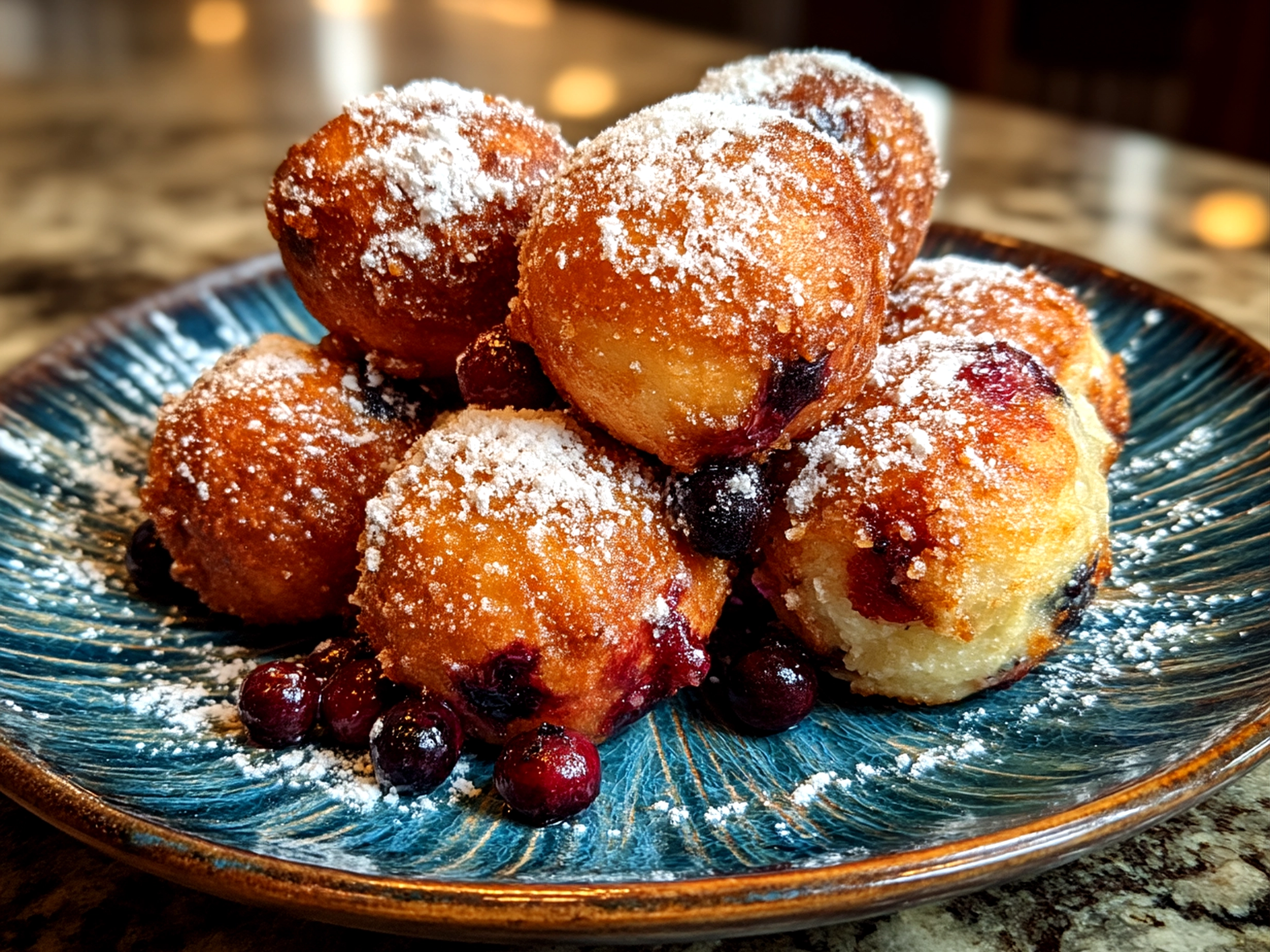 Slight angle close-up of finished comforting Maple Blueberry Sourdough Donut Holes