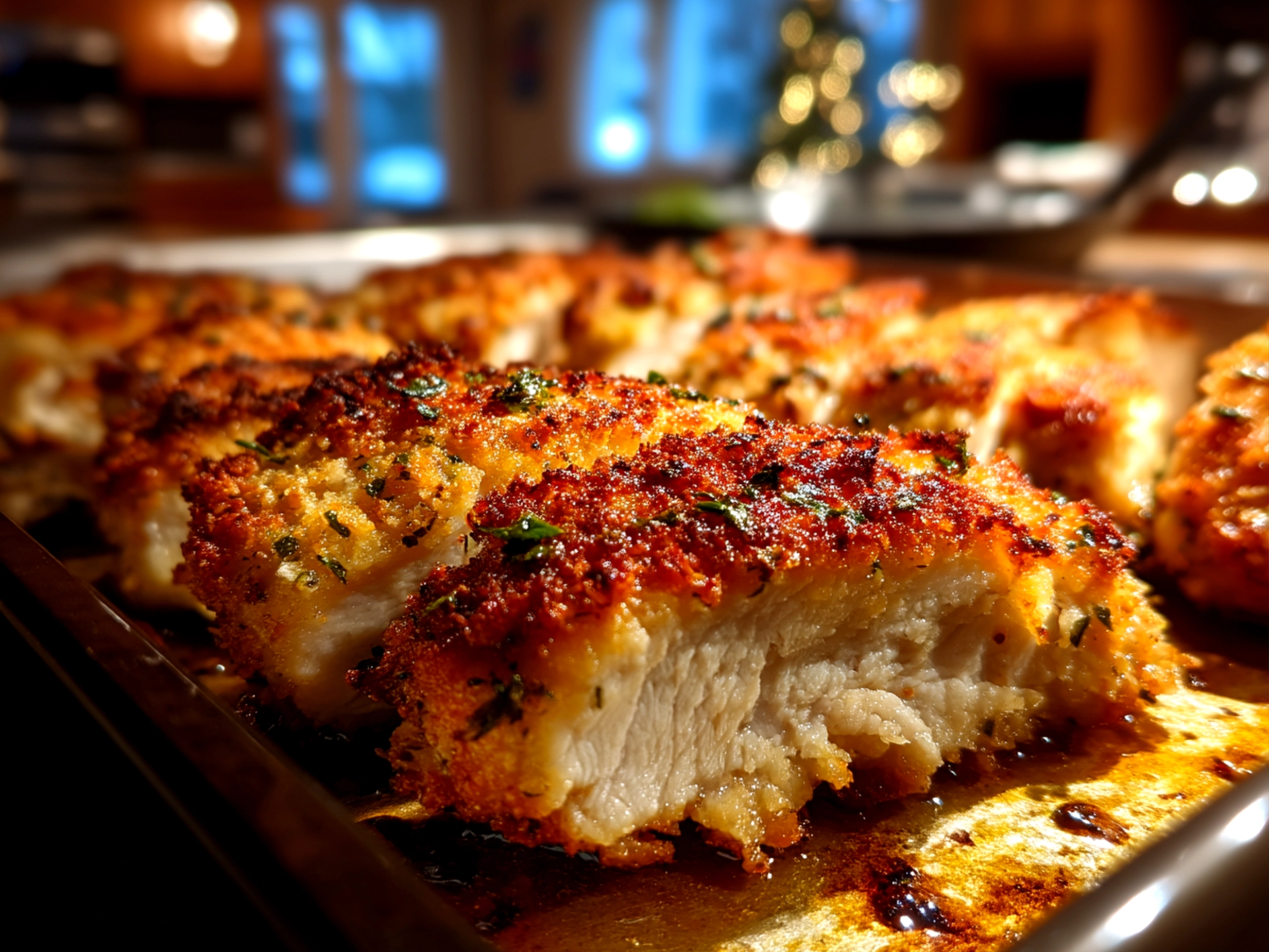 Close-up of finished comforting Parmesan Crusted Chicken Sheet Pan