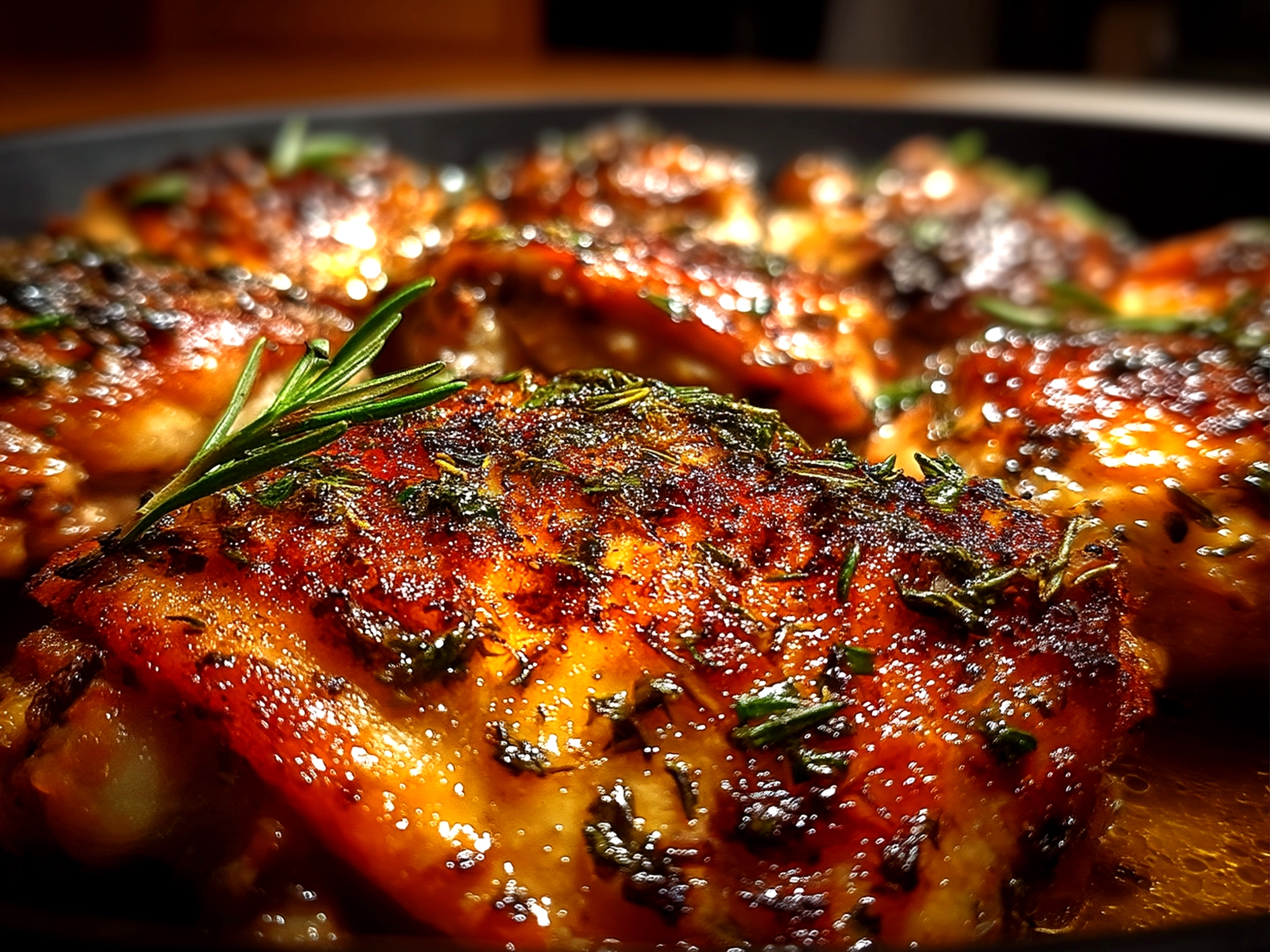 Slight angle close-up of finished comforting roasted chicken