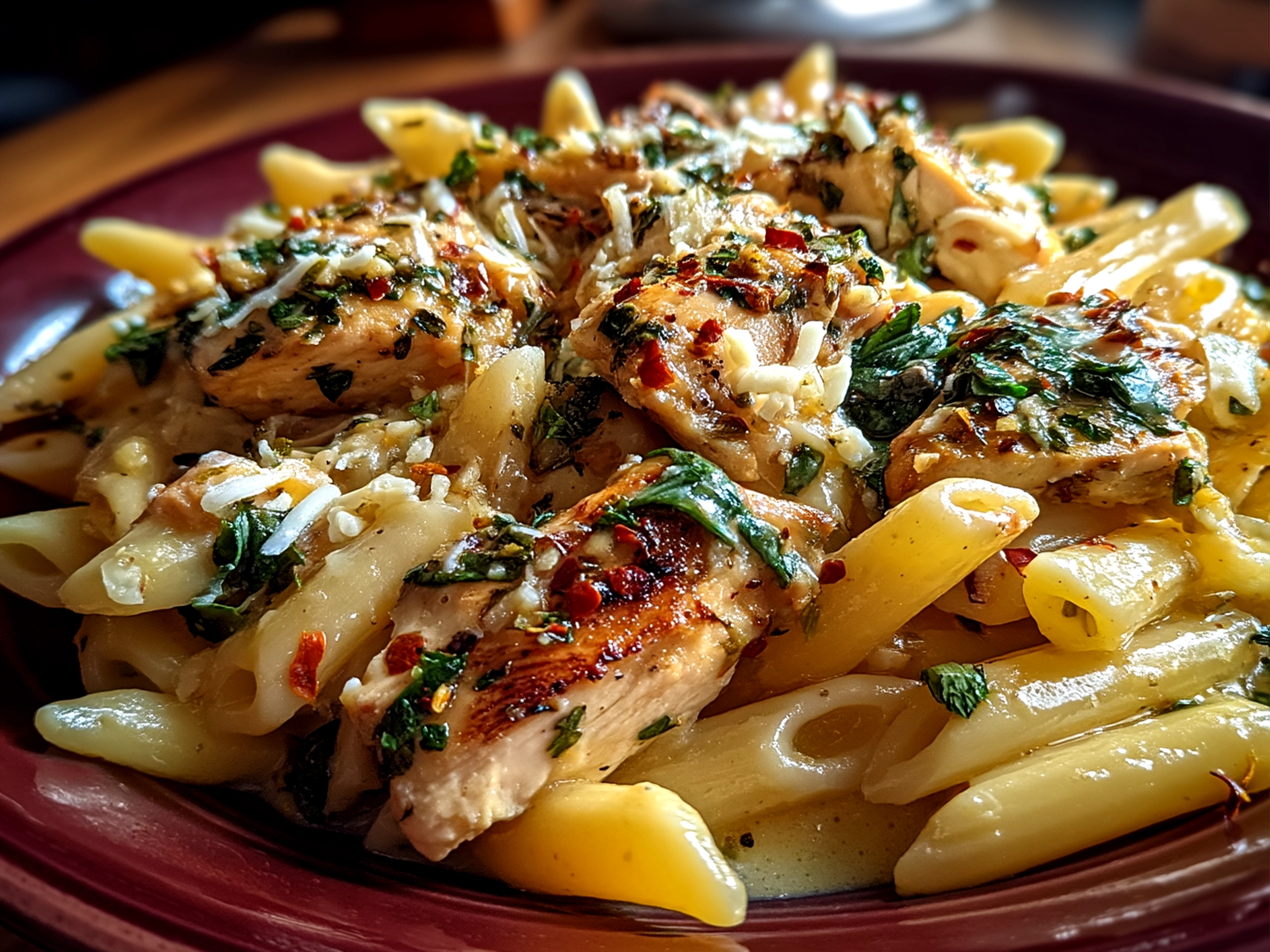 Finished comforting Tuscan chicken pasta served in a bowl with garnish of fresh basil