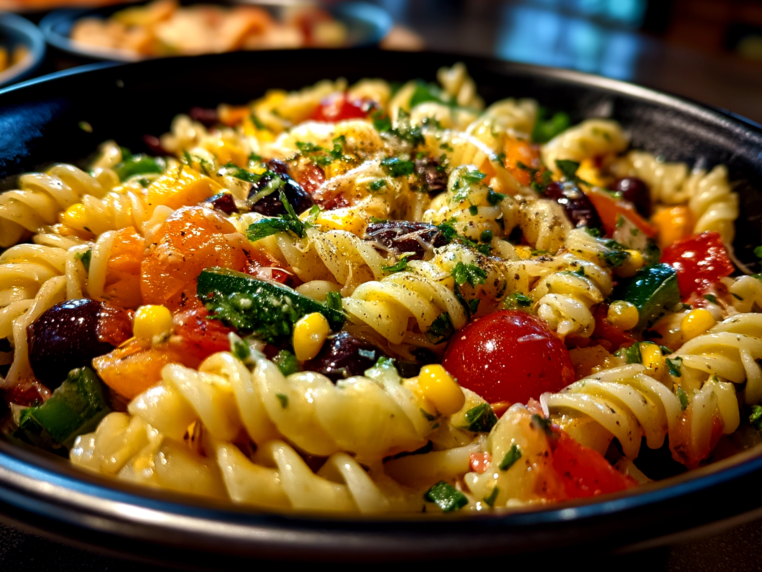 Slight angle close up of finished Cowboy Pasta Salad in bowl