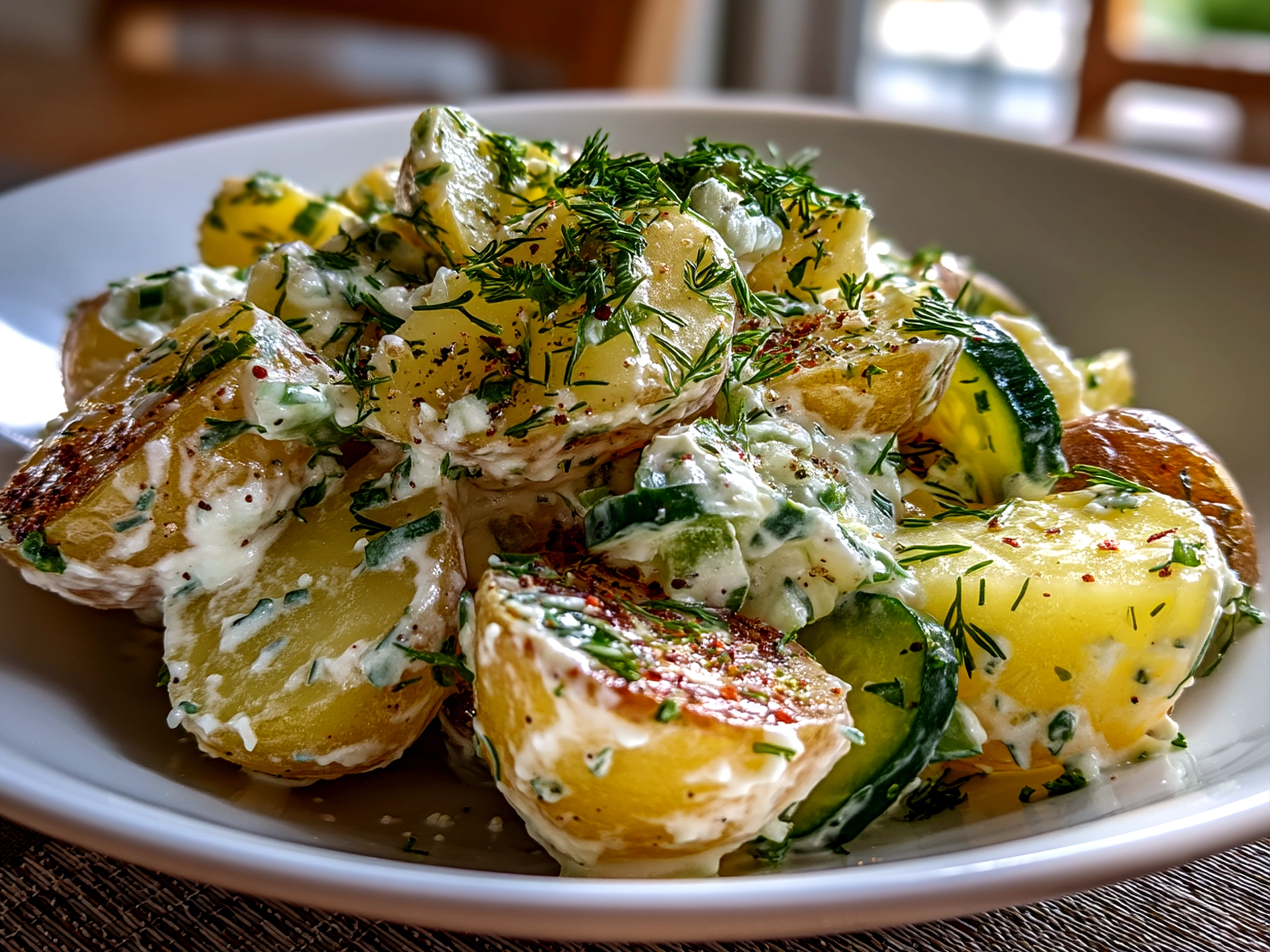 Close up of finished creamy Greek Yogurt Potato Salad with Cucumbers