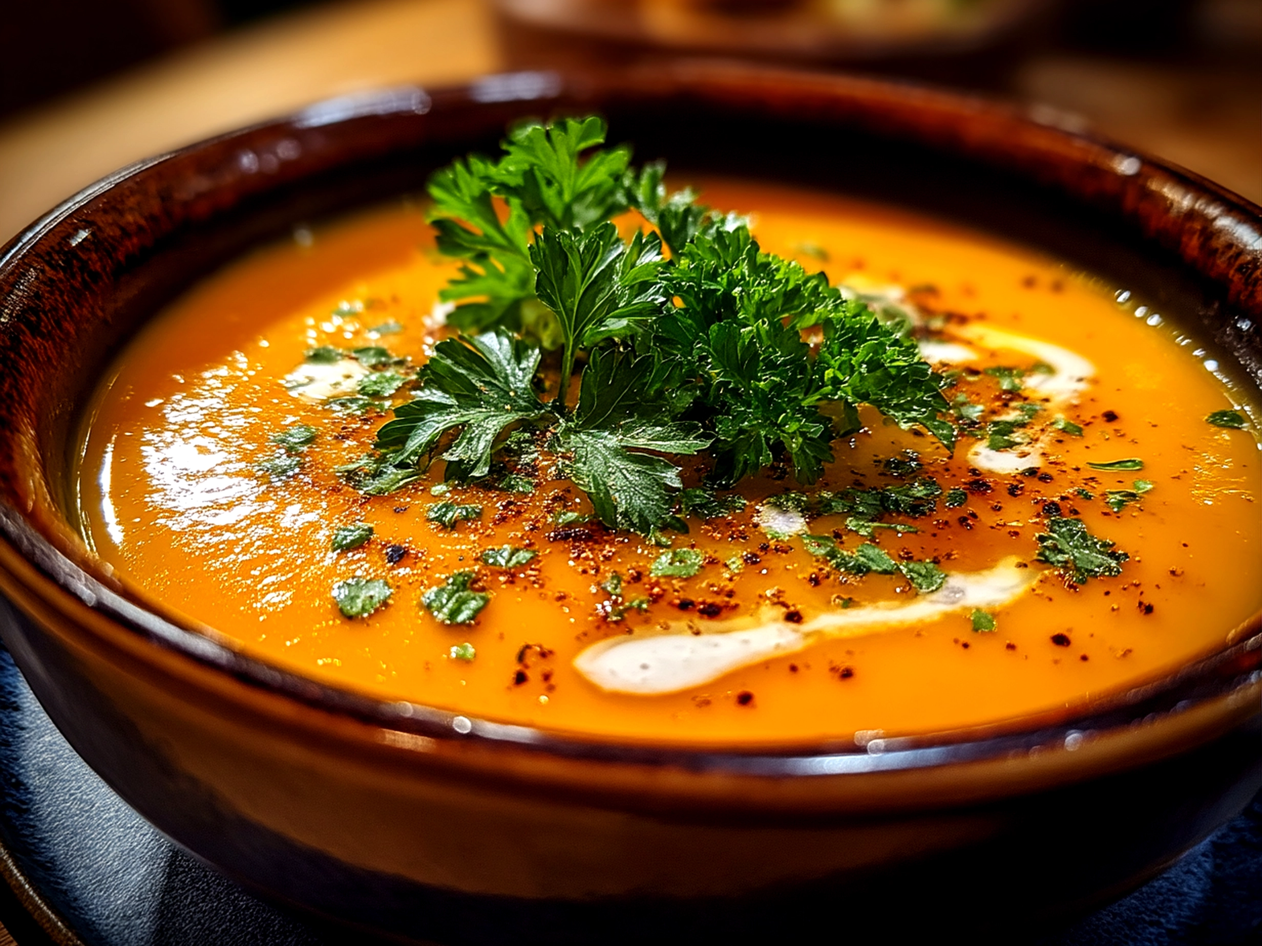 Slight angle close up of finished delicious carrot and celery soup in bowl